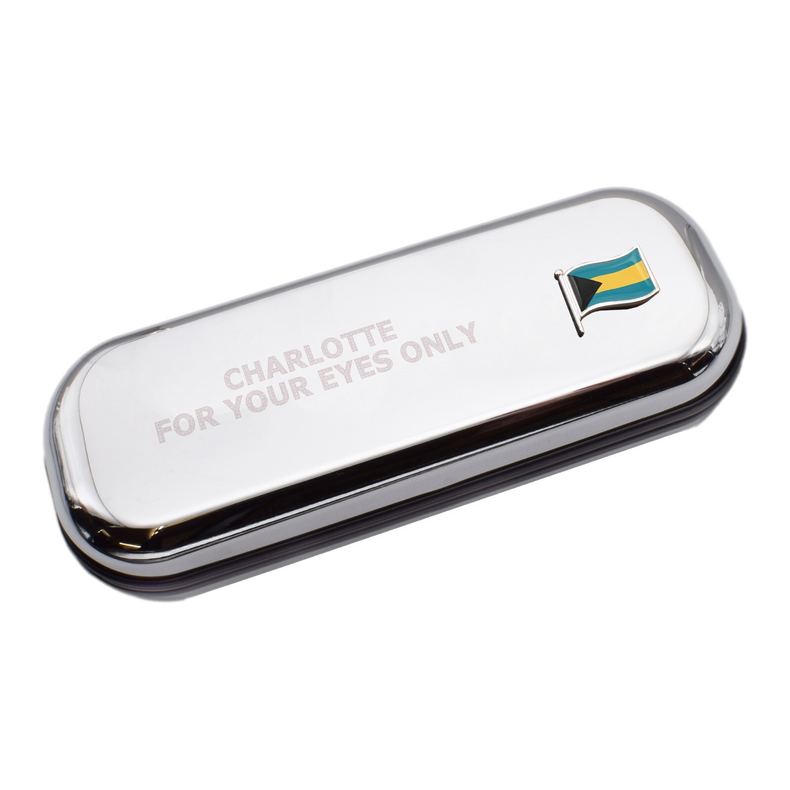 Bahamas Wave Flag & Engraved With Message Chromed Glasses Case Box