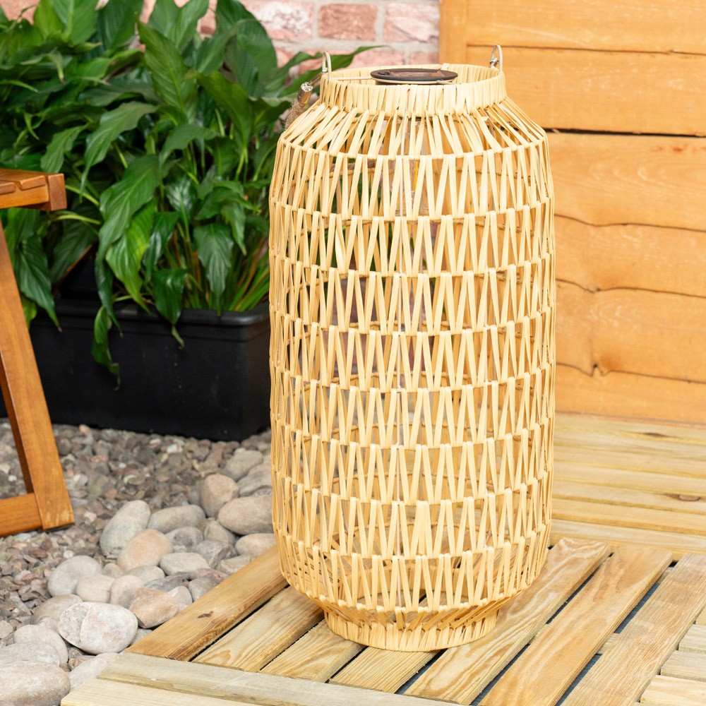 Solar Powered Natural Rope Lantern Floor Lamp Outdoor Rattan Garden LED Lighting