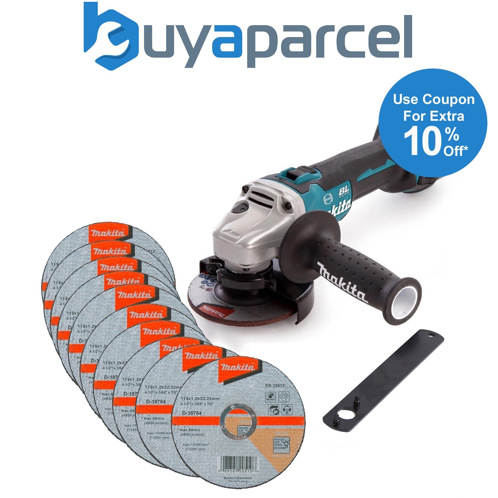 Makita DGA463Z 18v Cordless Brushless 115mm Angle Grinder + 10 Thin Fast Discs