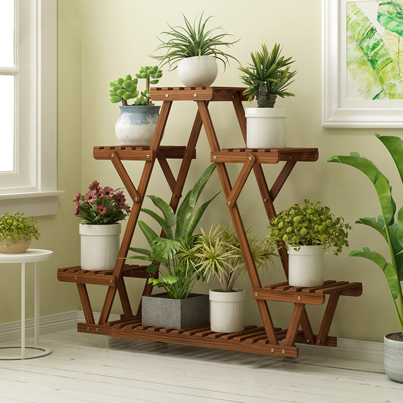 Wood Plant Stand Indoor Outdoor Carbonized Triangle 6 Tiered Corner Plant Rack
