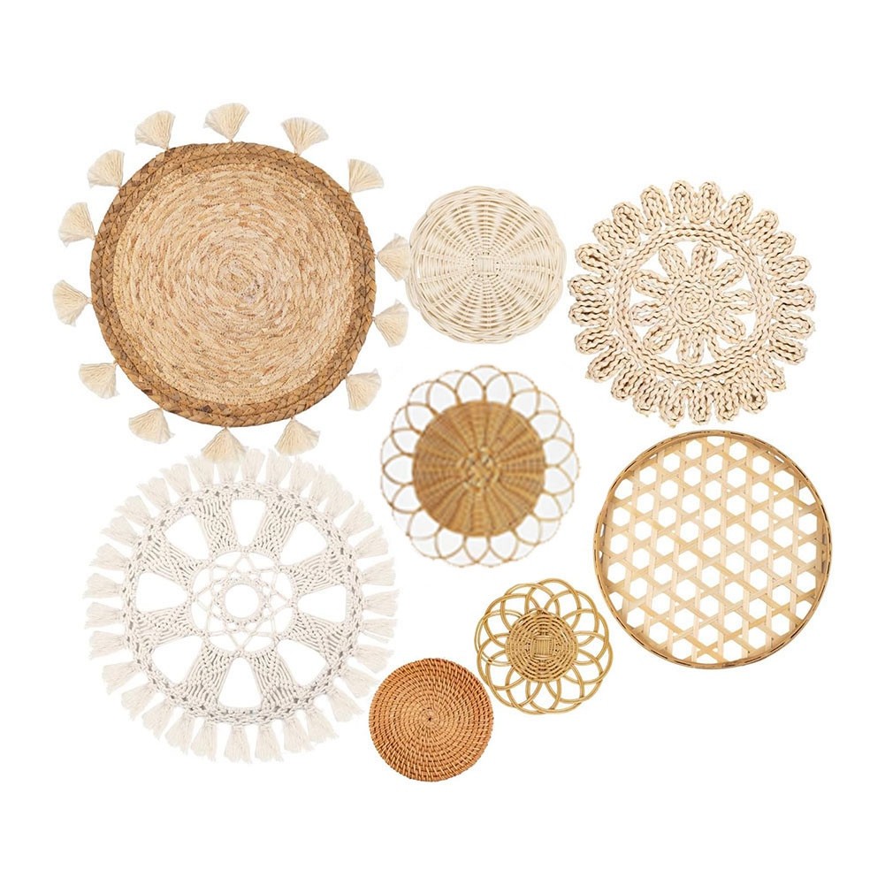 Boho Wall Basket Decor ,Flat Woven Basket Wall Hanging Decor,Round Tassels9259