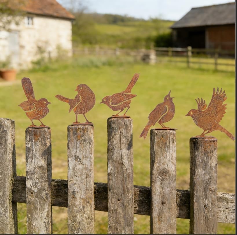 5 Pcs Rusty Bird Garden Ornaments, Metal Bird Garden Decorations, Fence Decorat
