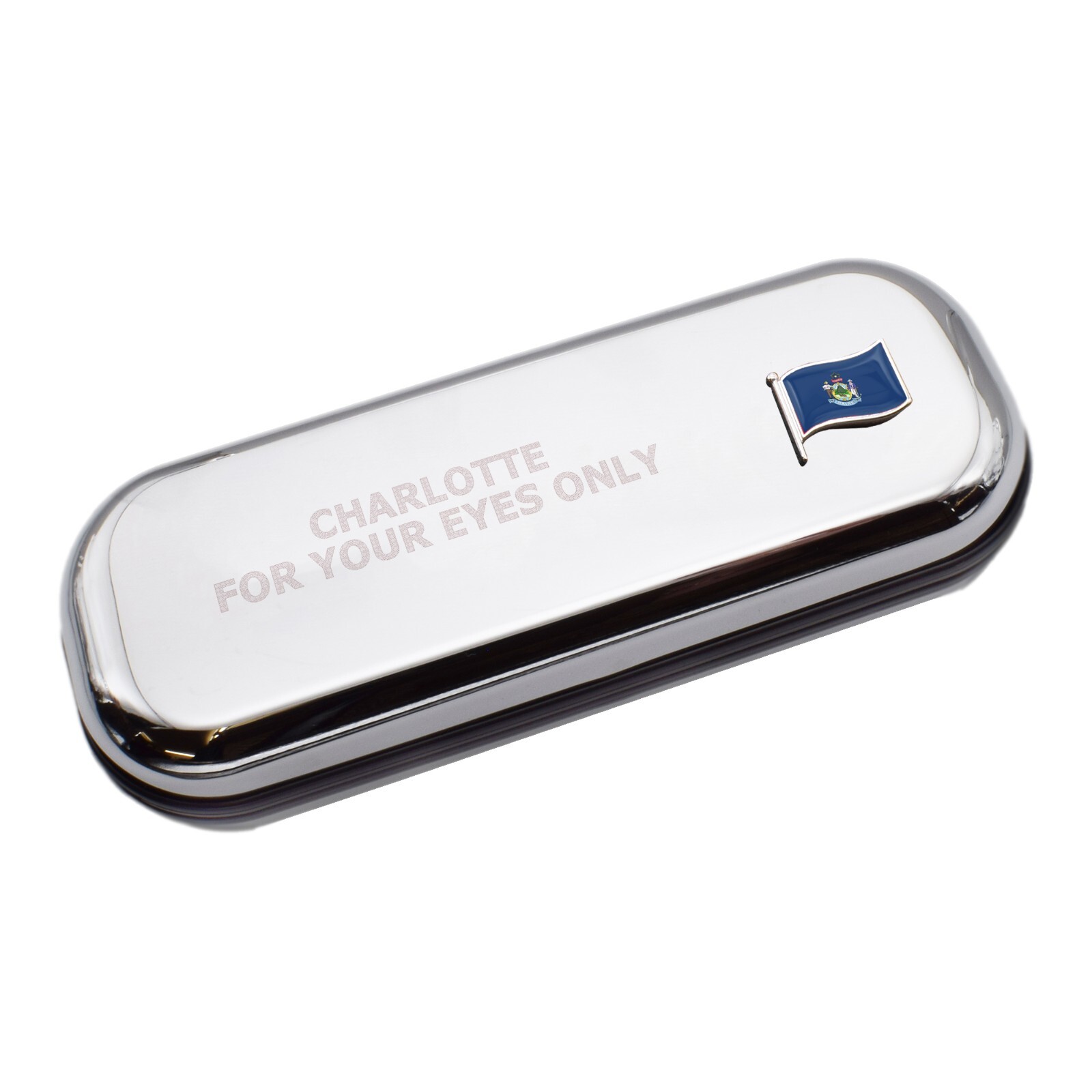 Maine Wave Flag & Engraved With Message Chromed Glasses Case Box