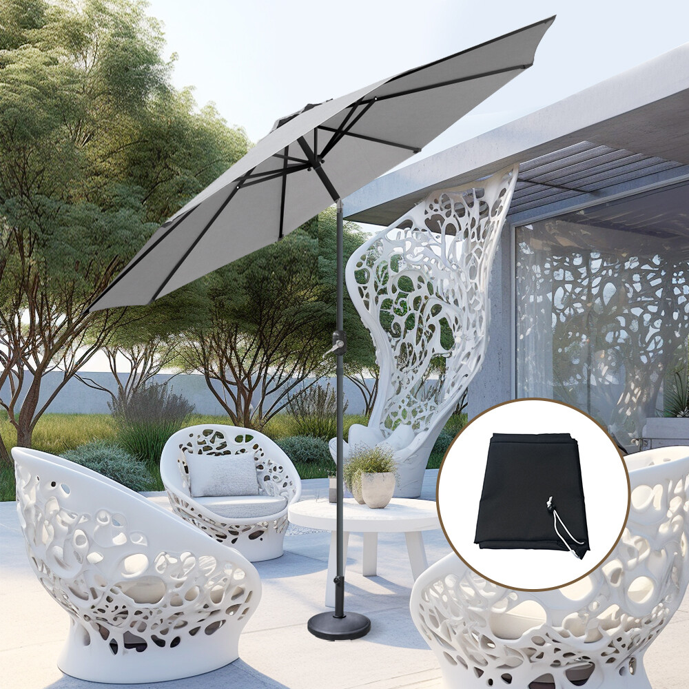 3M Patio Parasol Sunshade Garden Umbrella Canopy Tilt Crank Grey w/ Base Cover