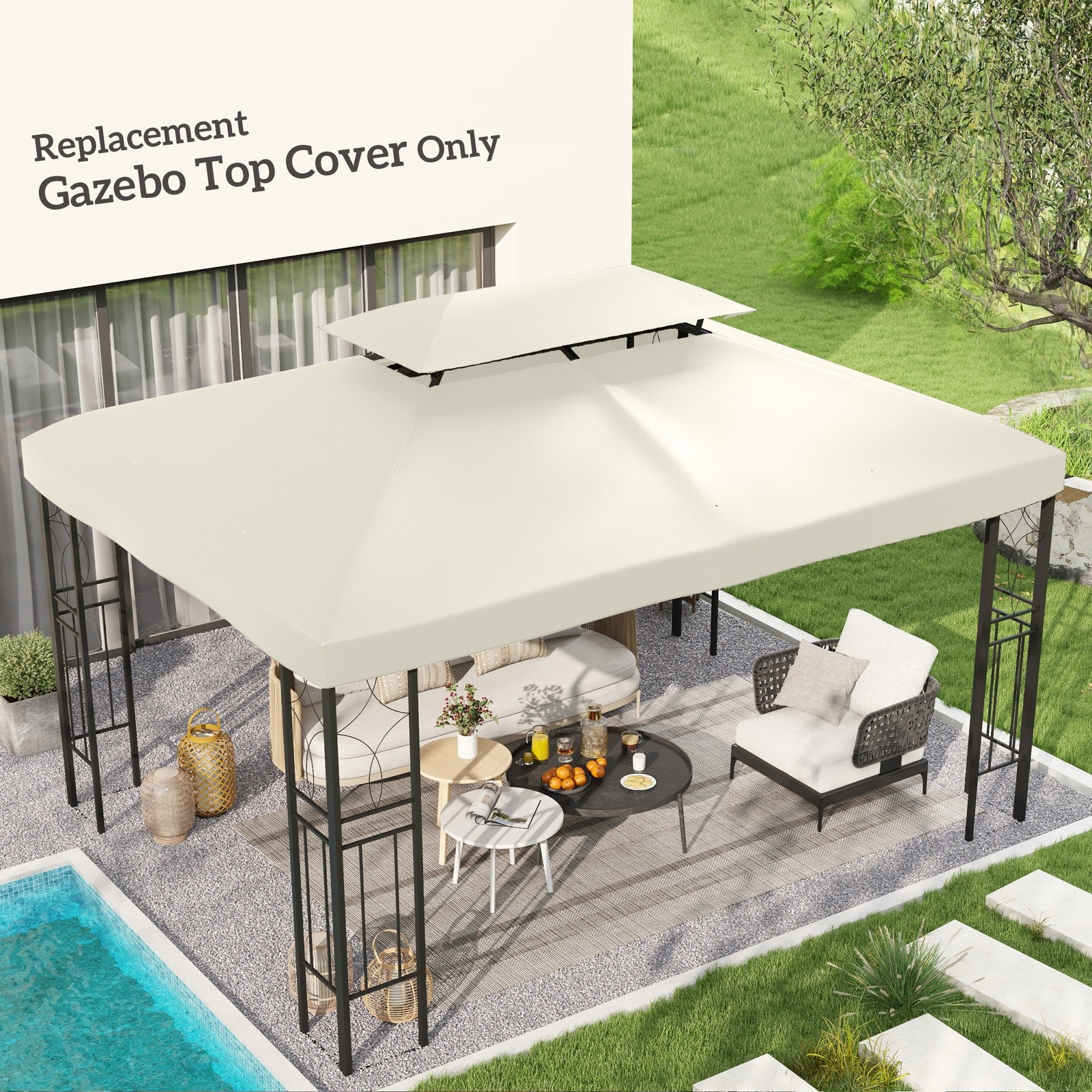 3x4m Gazebo Replacement Roof Canopy 2 Tier Top UV Cover Garden Patio Cream