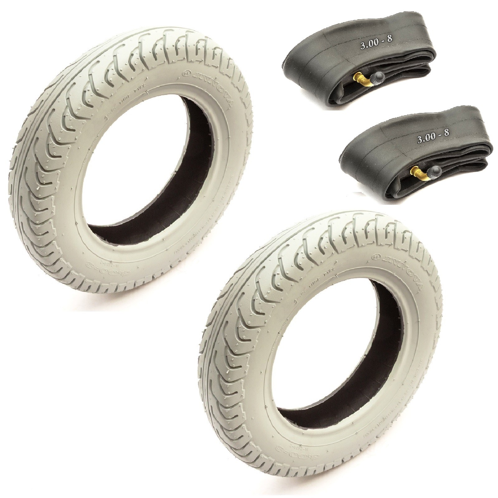 2x Tyre 3.00-8 & Bent Valve Inner Tube Set Road Tread Grey Mobility Scooter