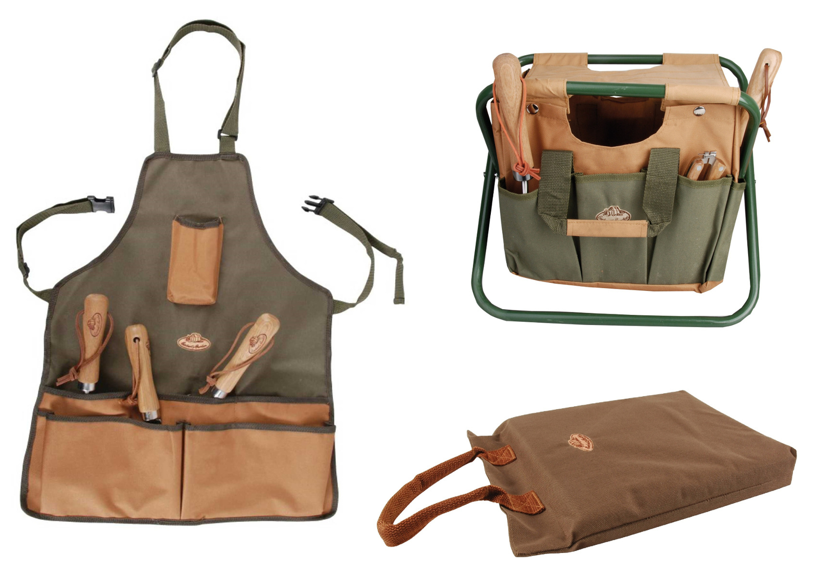 Garden Tool Storage Stool Kneeling Pad 5 Pocket Apron Khaki Brown Gardening Set