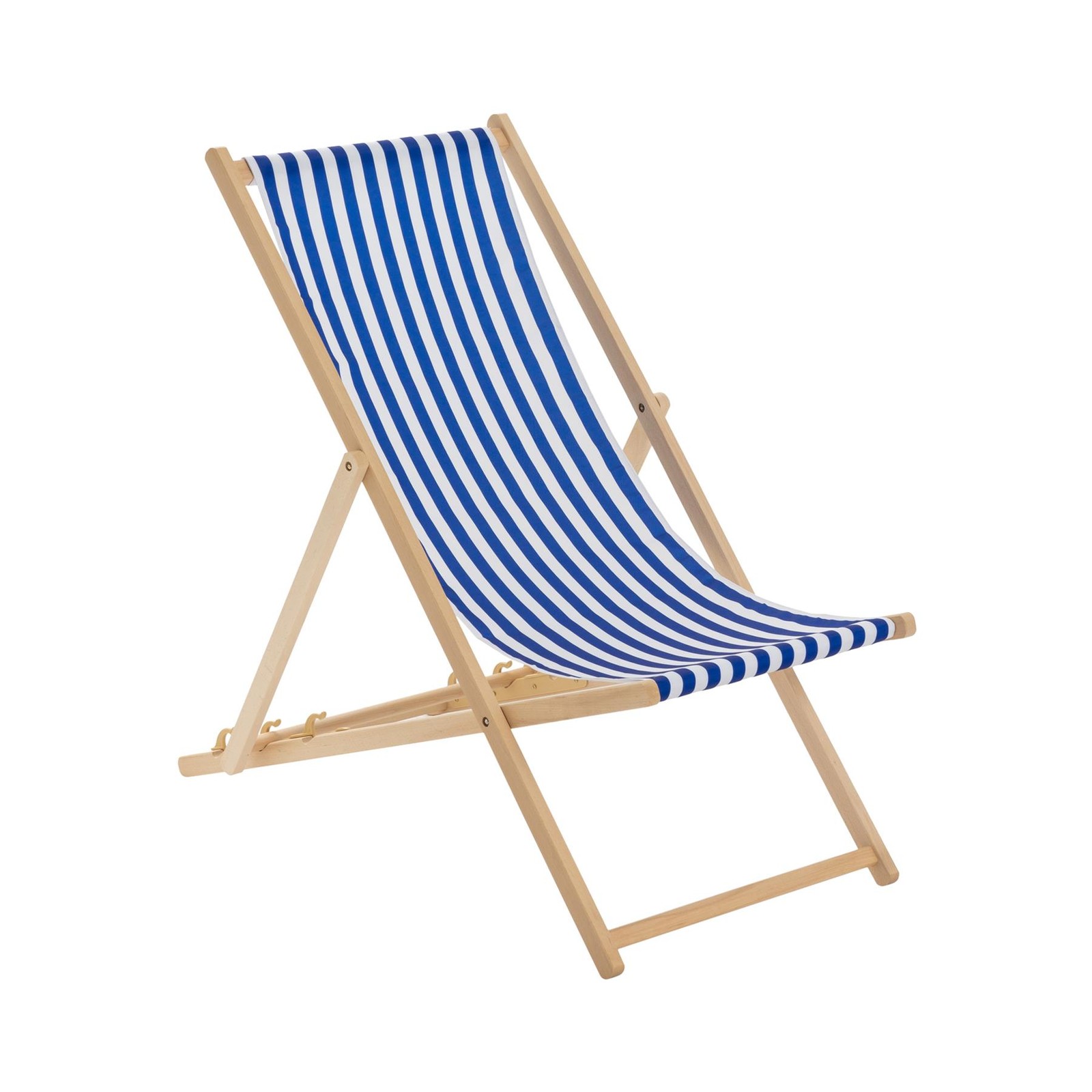 Folding Wooden Deck Chair Adjustable Reclining Canvas Beach Lounger Navy Stripe