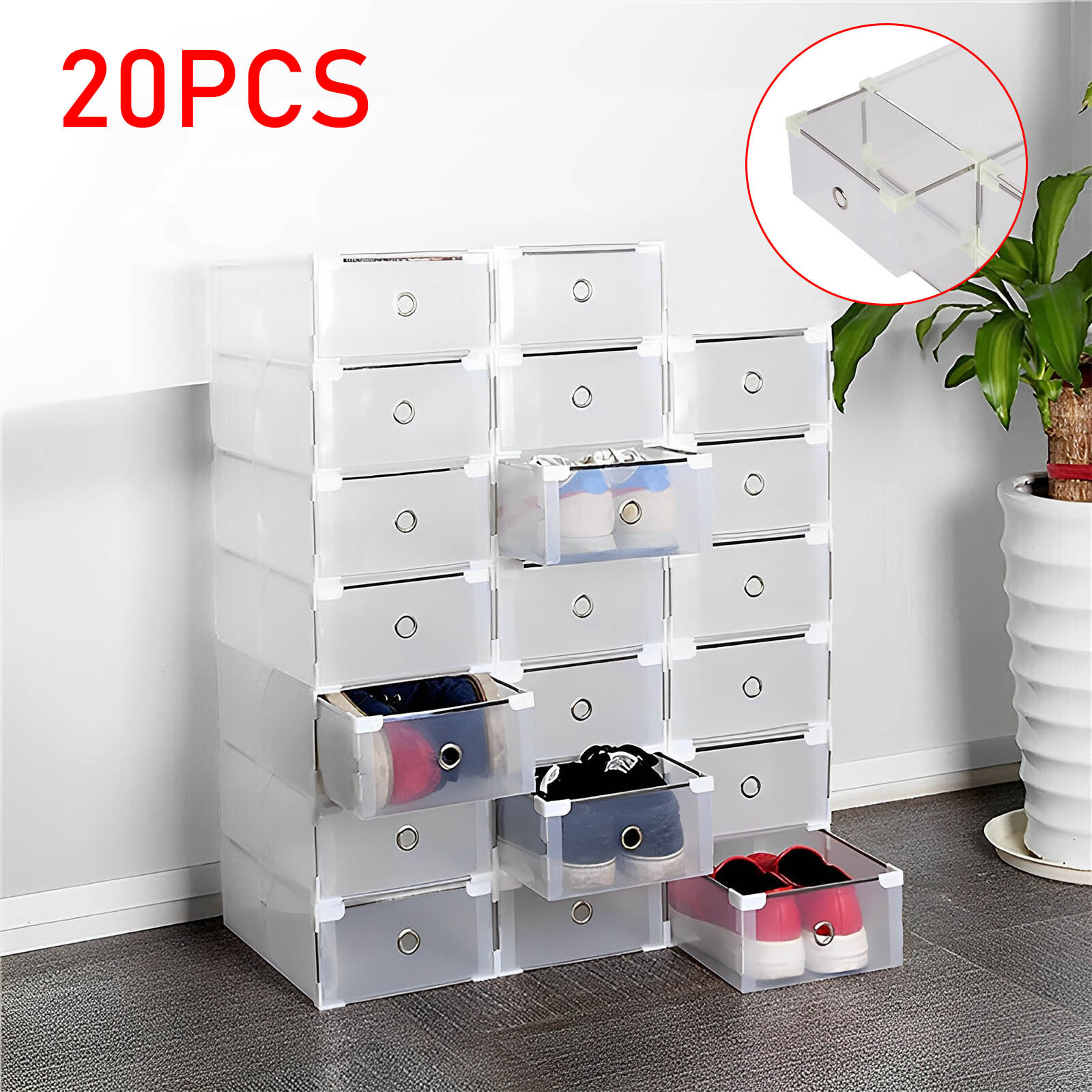 20x Clear Plastic Shoe Storage Box Stackable Foldable Boxes Trainers Organiser