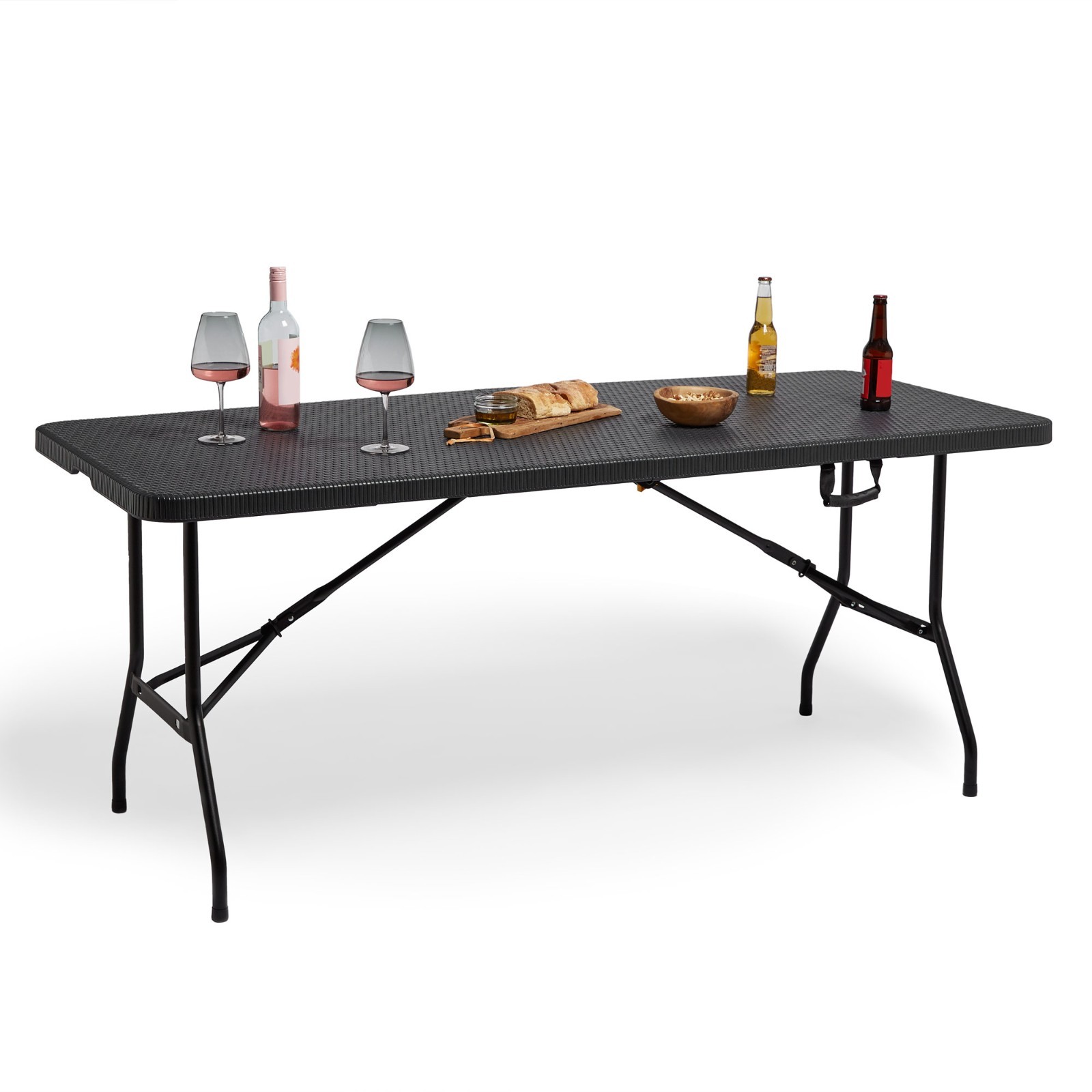 Folding Garden Dining Table, Black Rattan Effect Trestle Table, Vonhaus