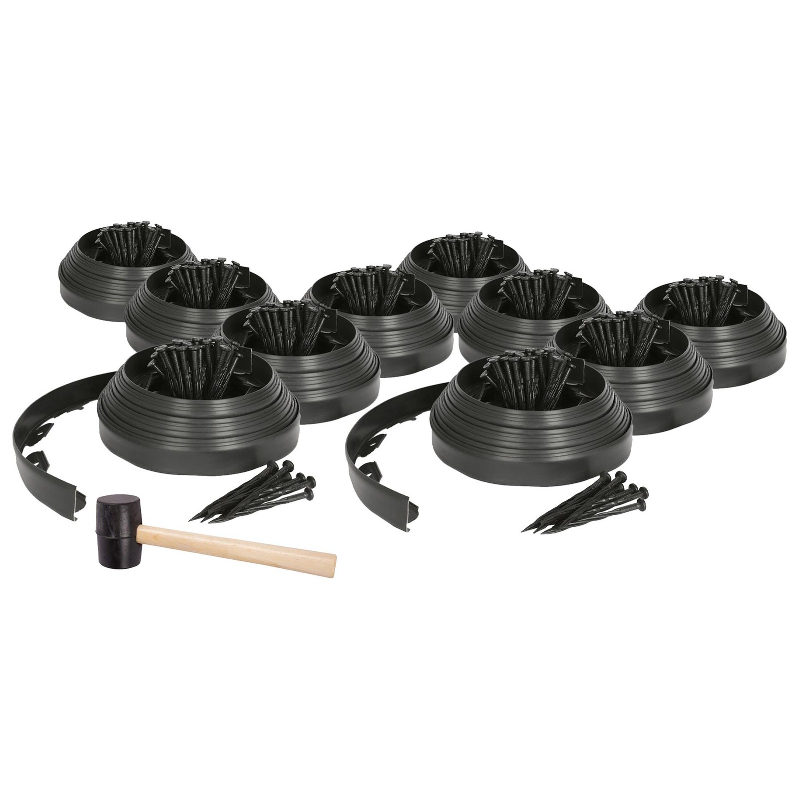 10x Flexible Plastic Lawn & Path Edging with 400 Pegs & Mallet 100m x 4cm Black