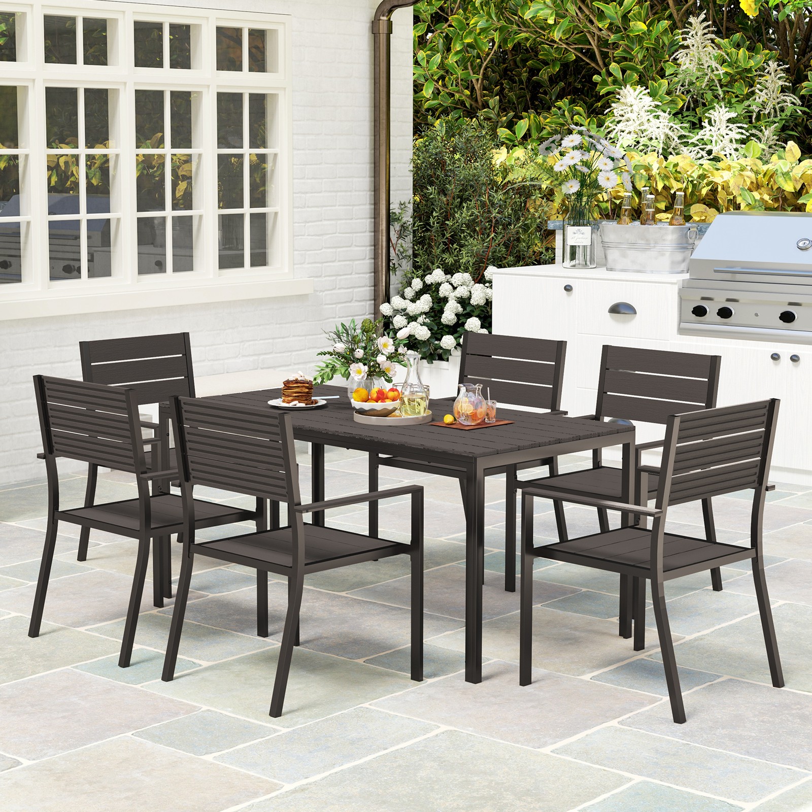 7 Piece Garden Furniture Set, Outdoor Dining Set w/ Stackable Chairs, Dark Brown