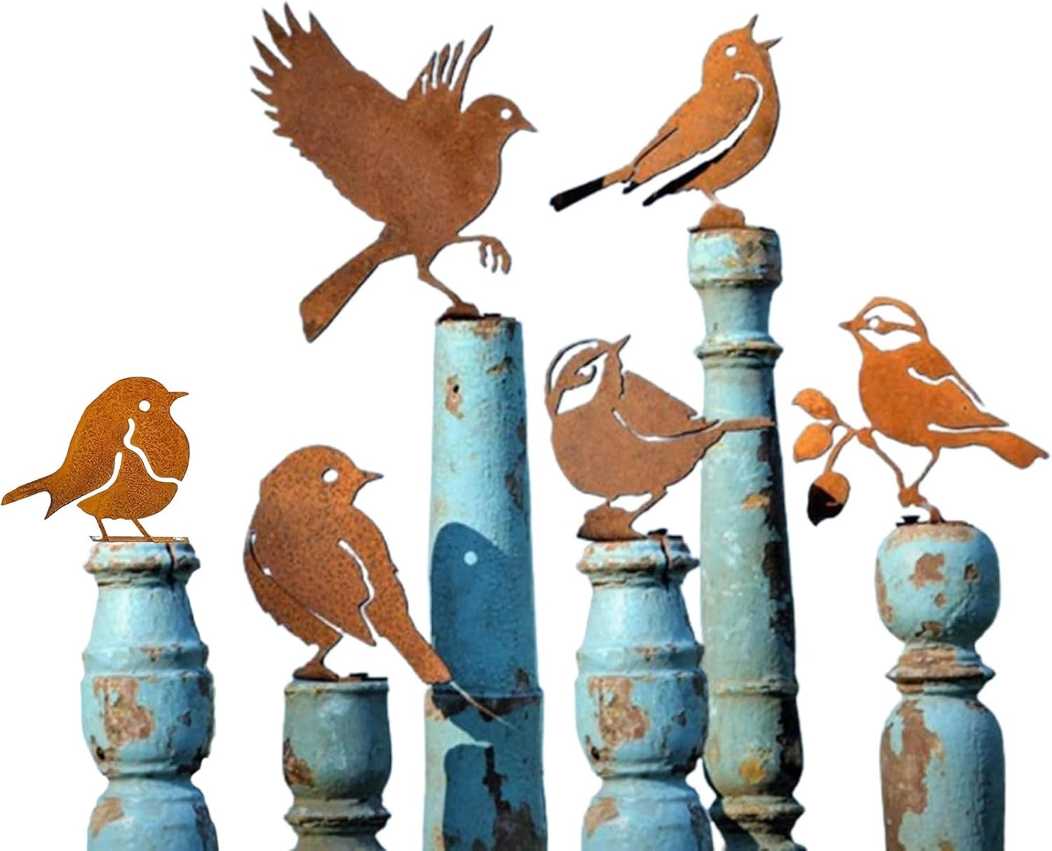 6 Pcs Metal Bird Garden Ornaments, Rusty Birds For Garden Decorations, Bird Sil