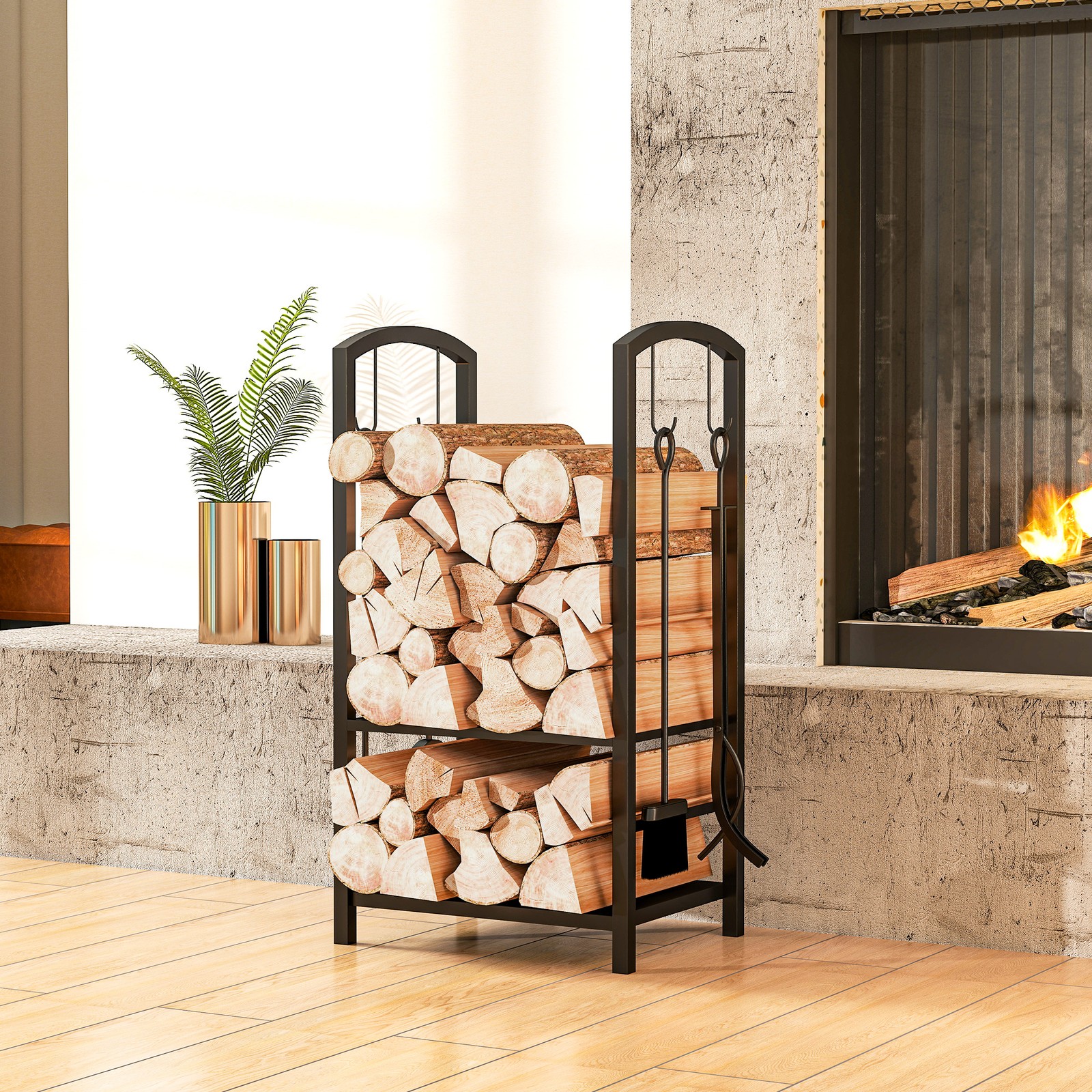 Indoor Outdoor Firewood Rack Log Holder Wood Storage with Hooks 4 Tools Black