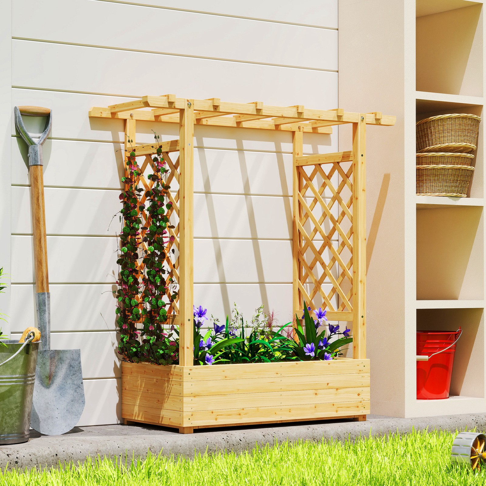 Wooden Planter with Trellis and Drainage Holes, 110 x 44 x 113 cm, Natural