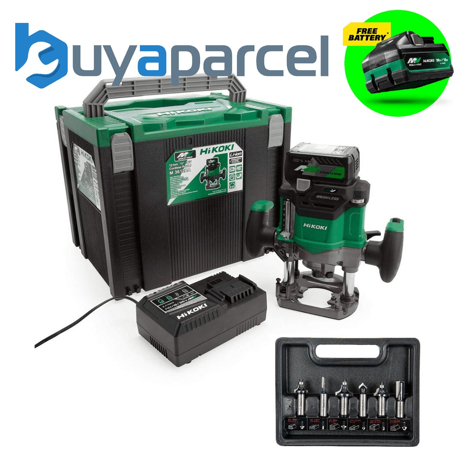 HiKOKI 1/2" Brushless Router + Bit Set + 36V 18V Multi-Volt Battery M3612DAJPZ