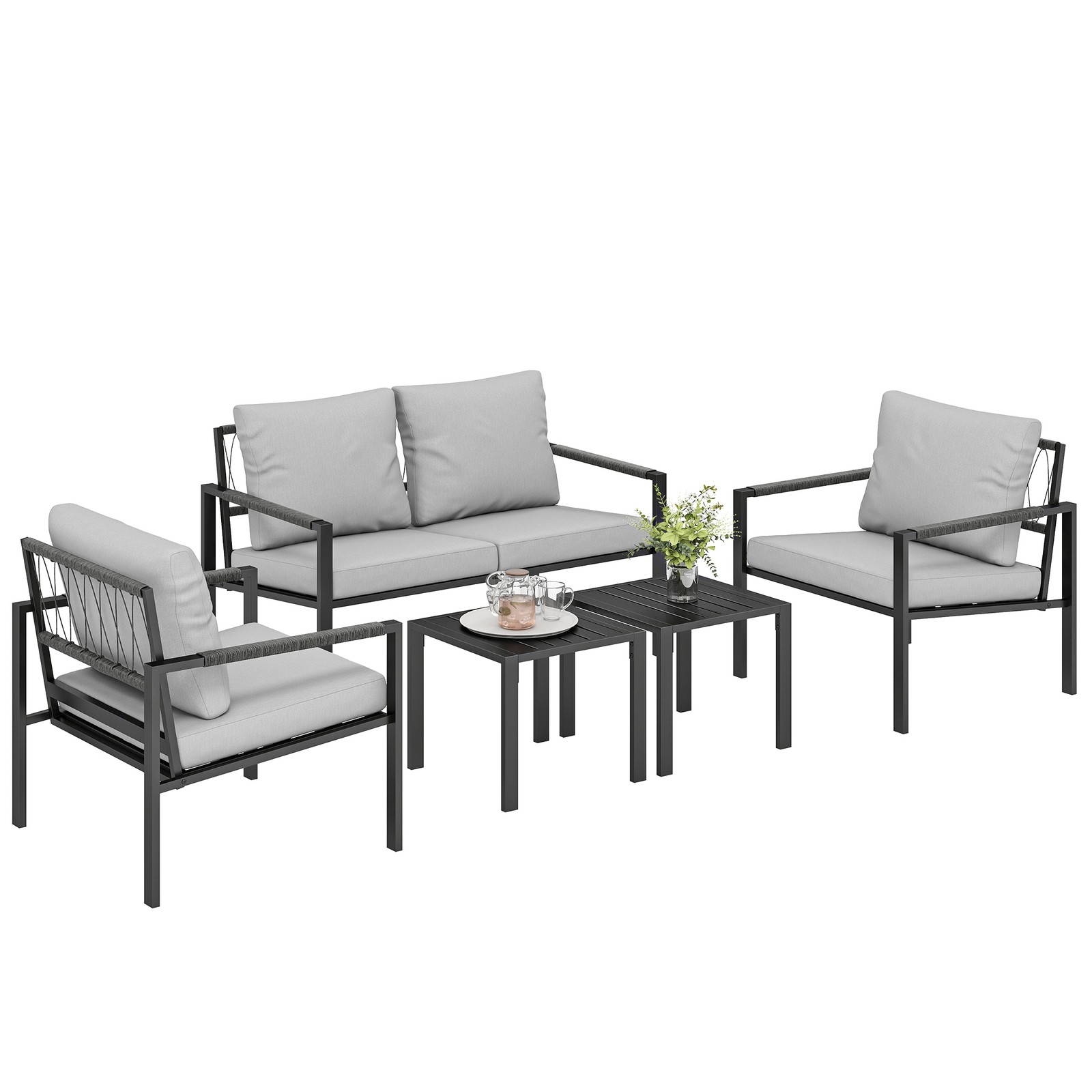 Outsunny 5 Piece Metal Garden Furniture Sofa Set with Cushions, Light Grey