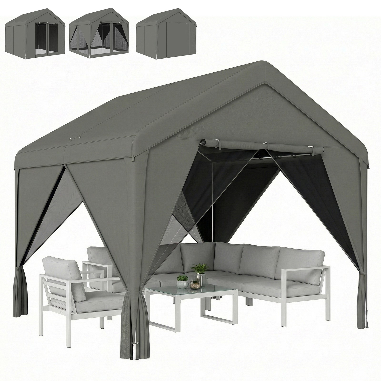Outsunny 3 x 3 m Outdoor Patio Gazebo with Netting and Curtains, Dark Grey