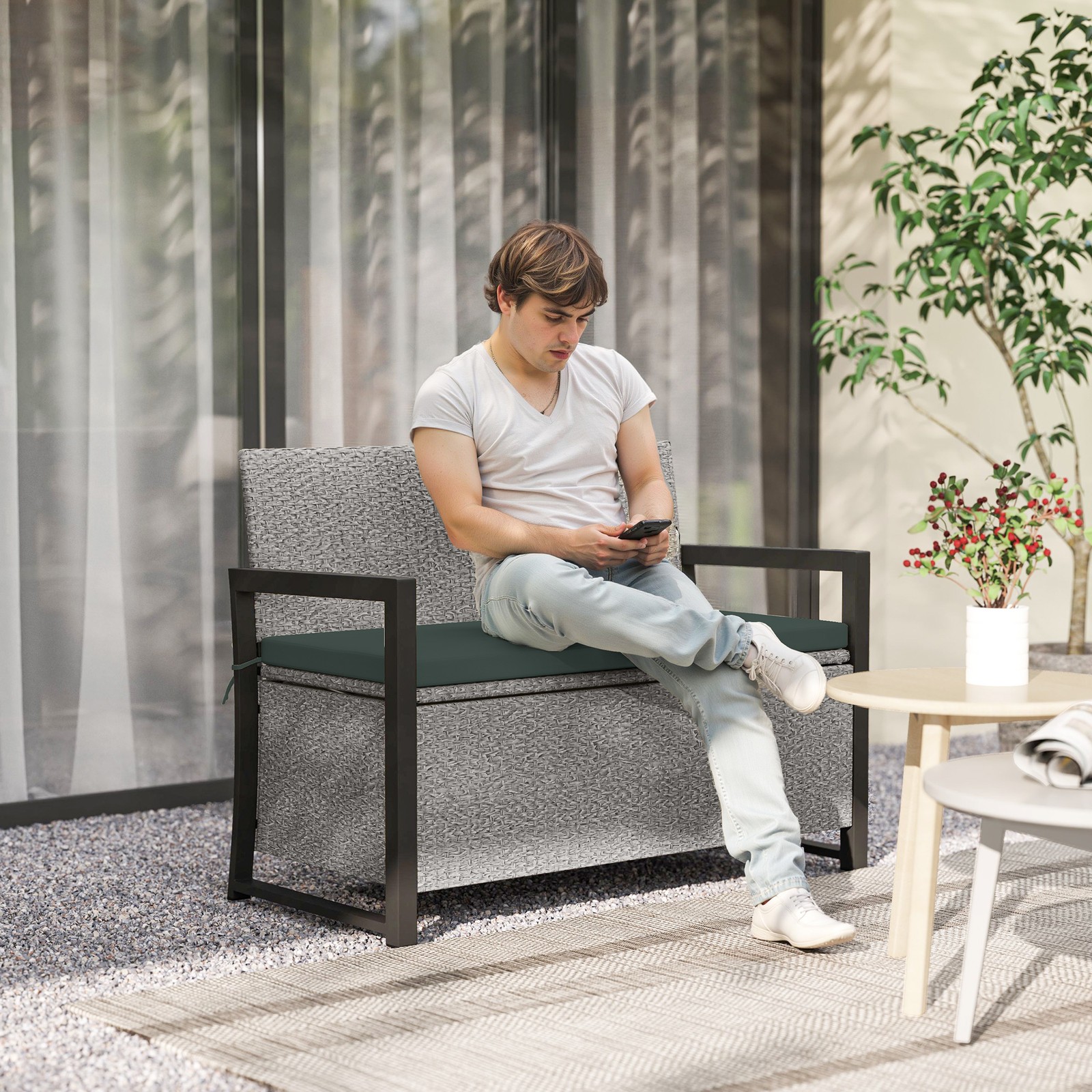 2 Seater Rattan Garden Bench with Inner Bag, 151.5L Outdoor Storage Bench, Grey