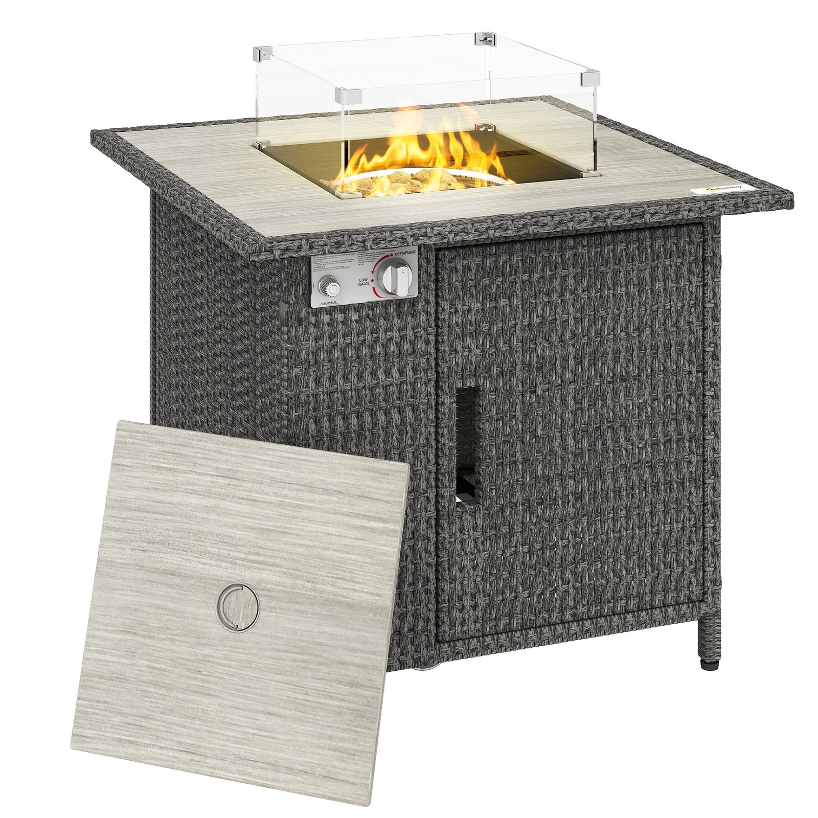 Outsunny Rattan Gas Fire Pit Table with Rain Cover, Wind Guard, 14.5 KW