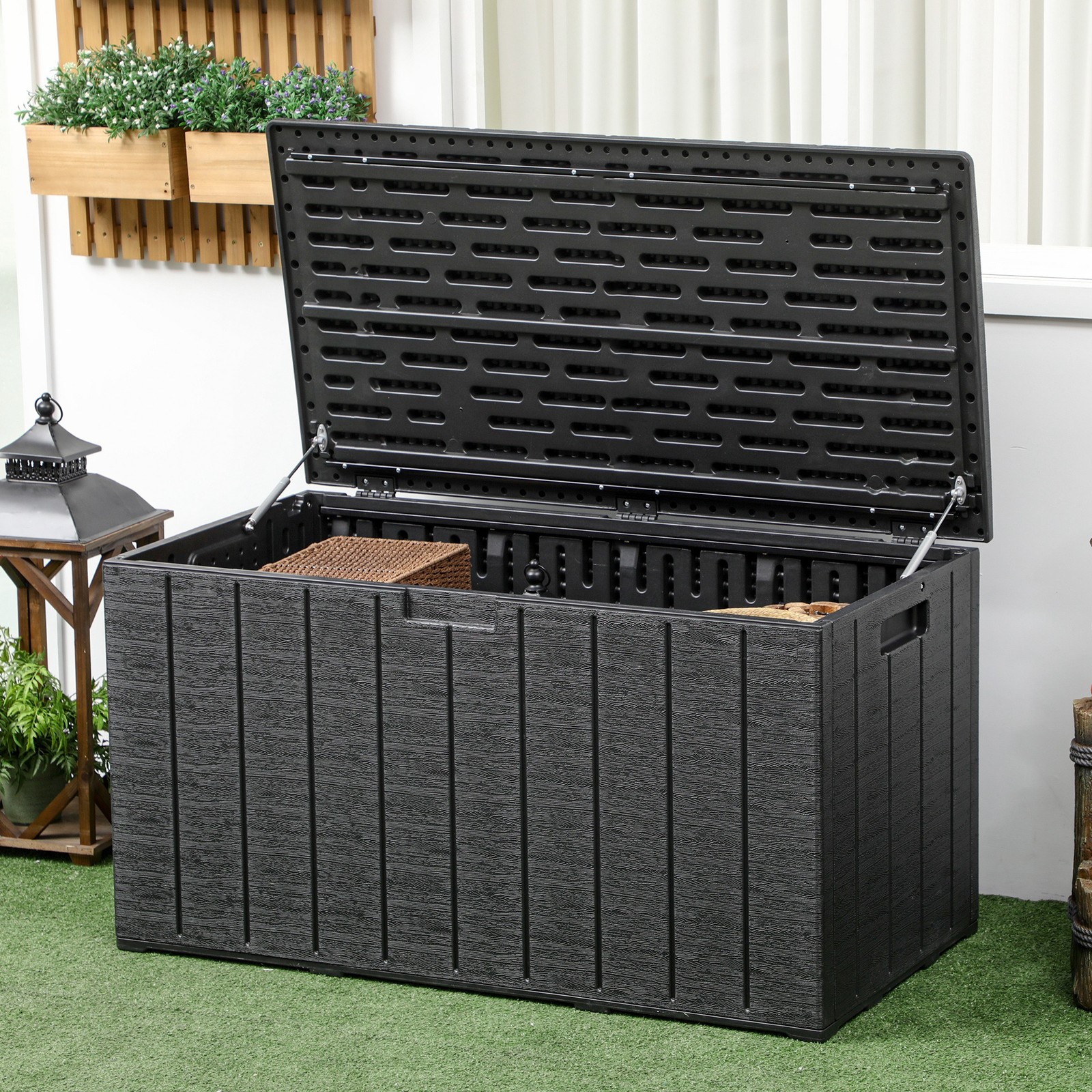 336L Garden Storage Box, Outdoor Furniture Organizer with Wheels Handle Black