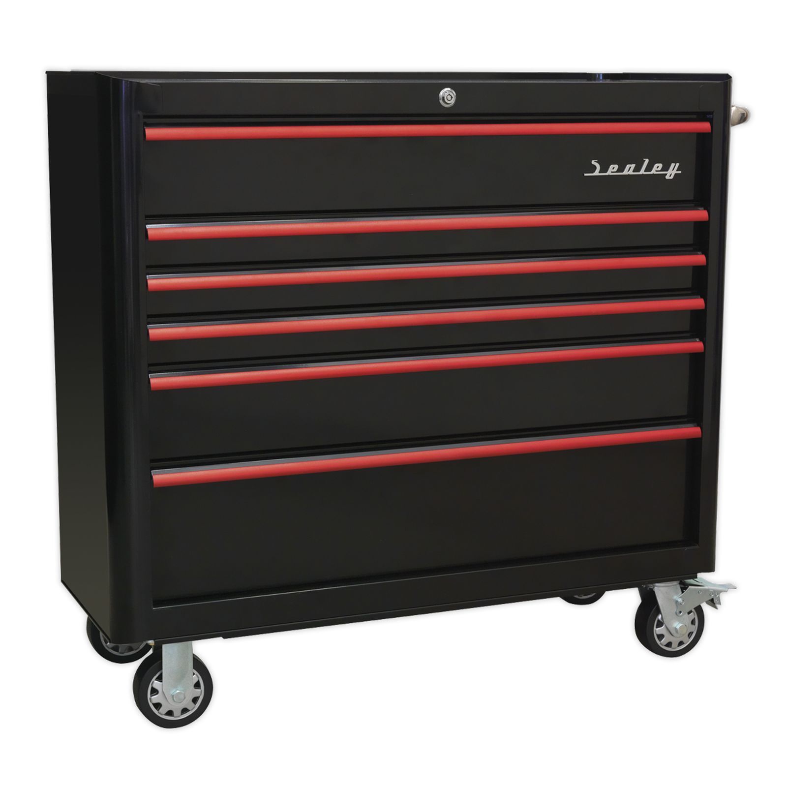 1x Sealey Rollcab 6 Drawer Wide Retro Style Black With Red Anodised Drawer Pulls