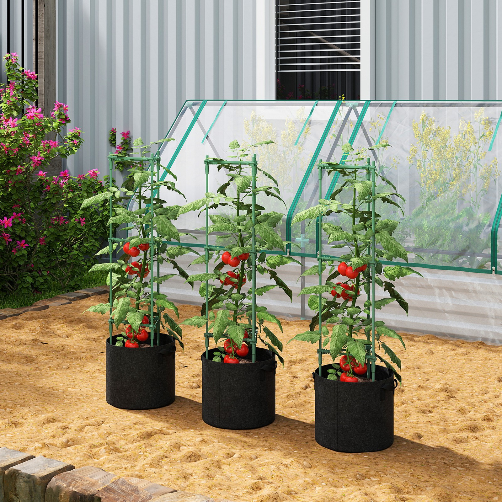3 Packs Tomato Cages with 83.7L Grow Bags, Adjutstable Plant Support Trellis