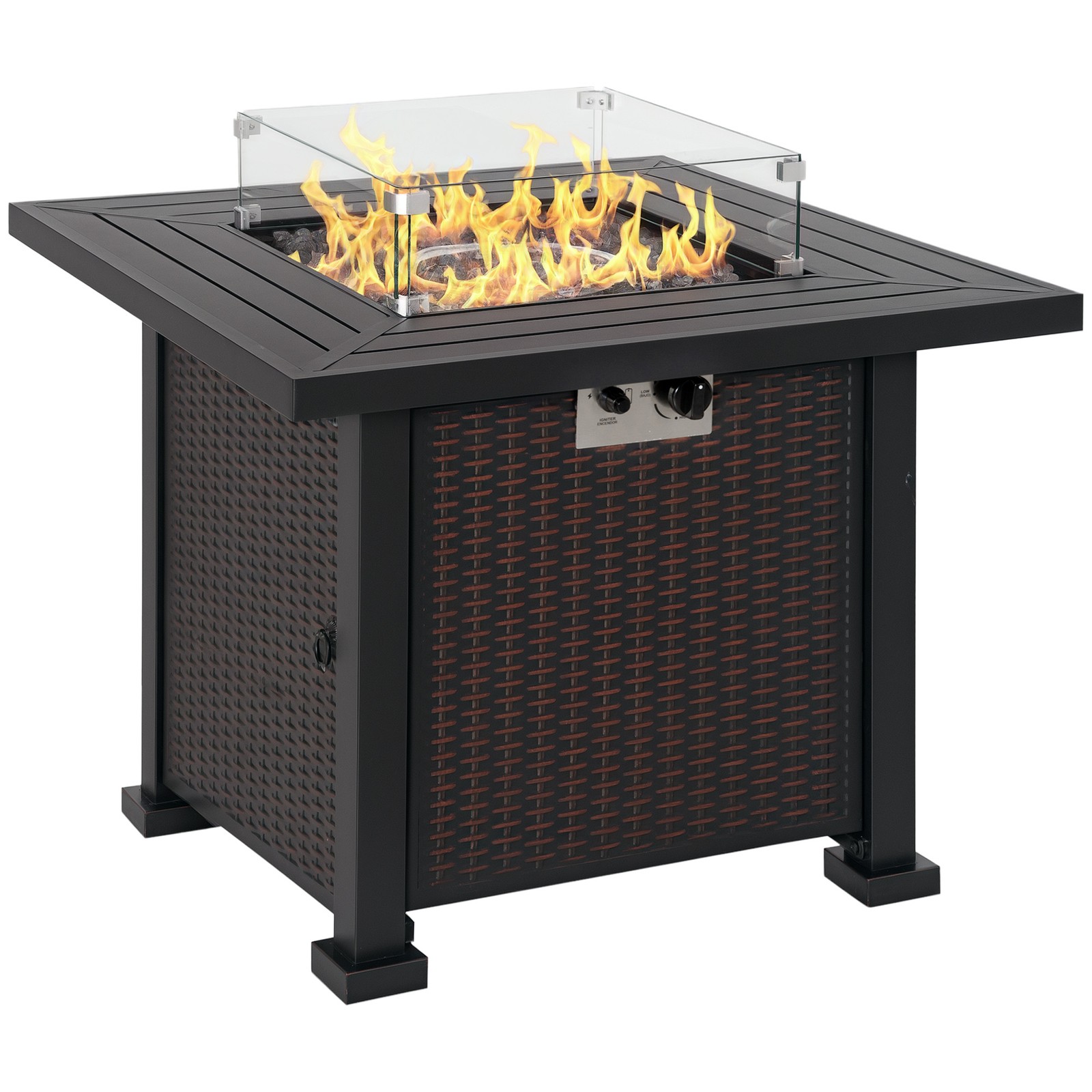 Outsunny Outdoor Propane Fire Pit Table w/ Wind Screen & Glass Beads, Black