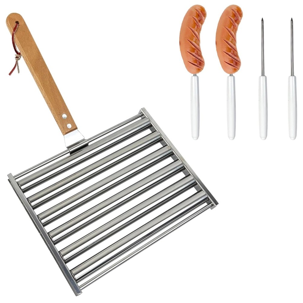 2X(Hot Dog Roller for Girll Sausage Roller Stainless Steel Rack with Wood8353
