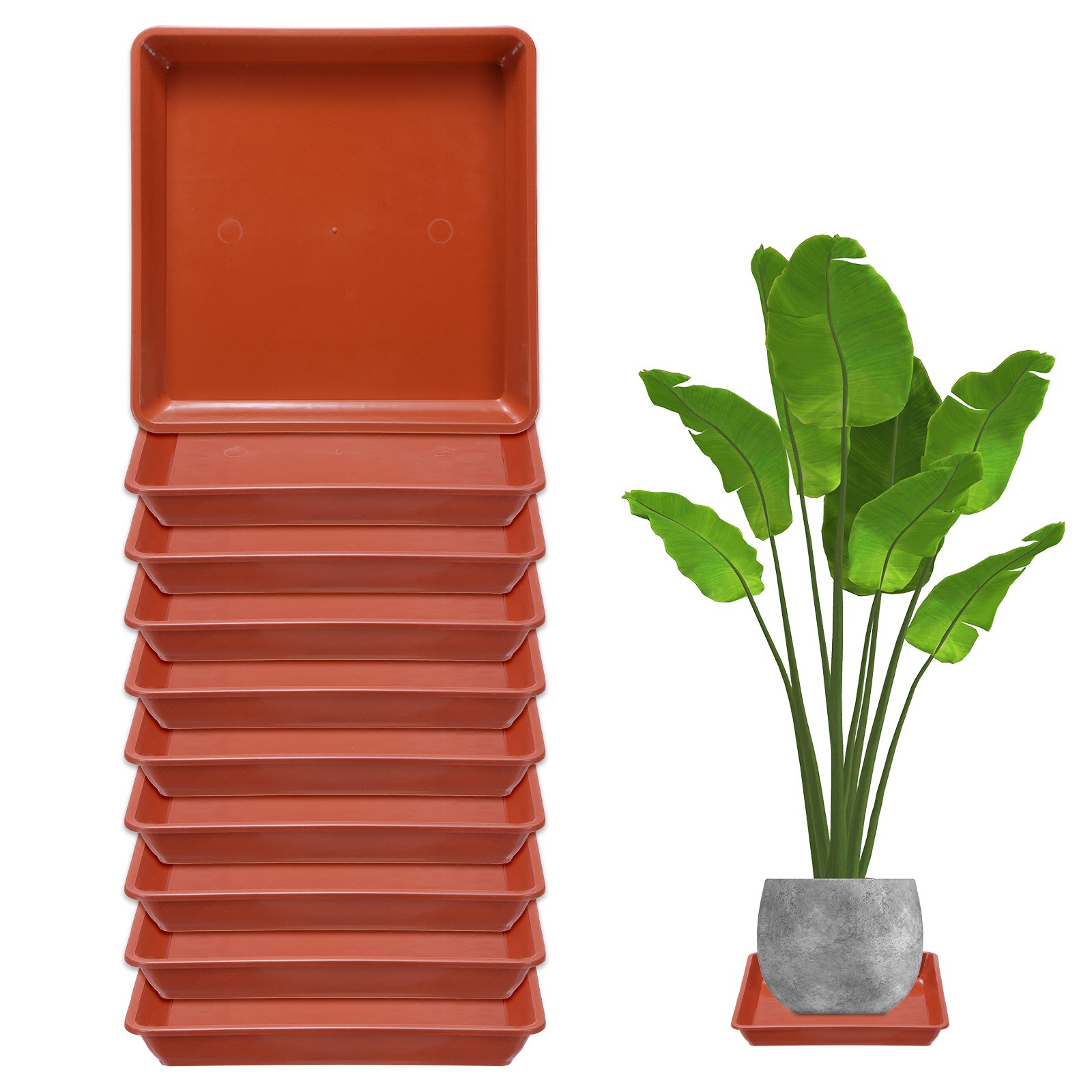 10-Pack Plant Pot Saucers, 7 Inch Plastic Square Flower Drip Tray [Brick Red]