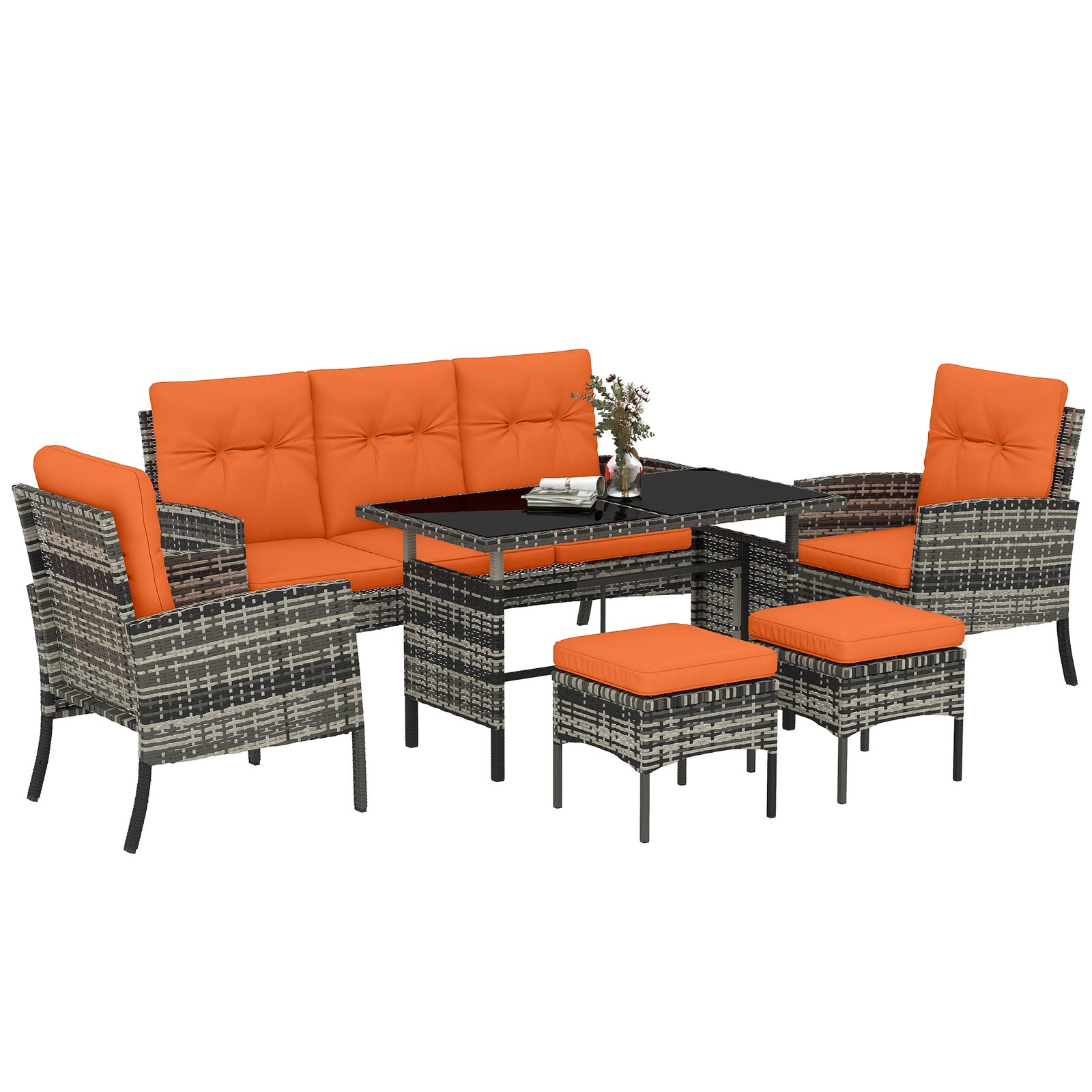 Outsunny 6 Pieces Rattan Garden Furniture Sofa Set with Cushions, Orange