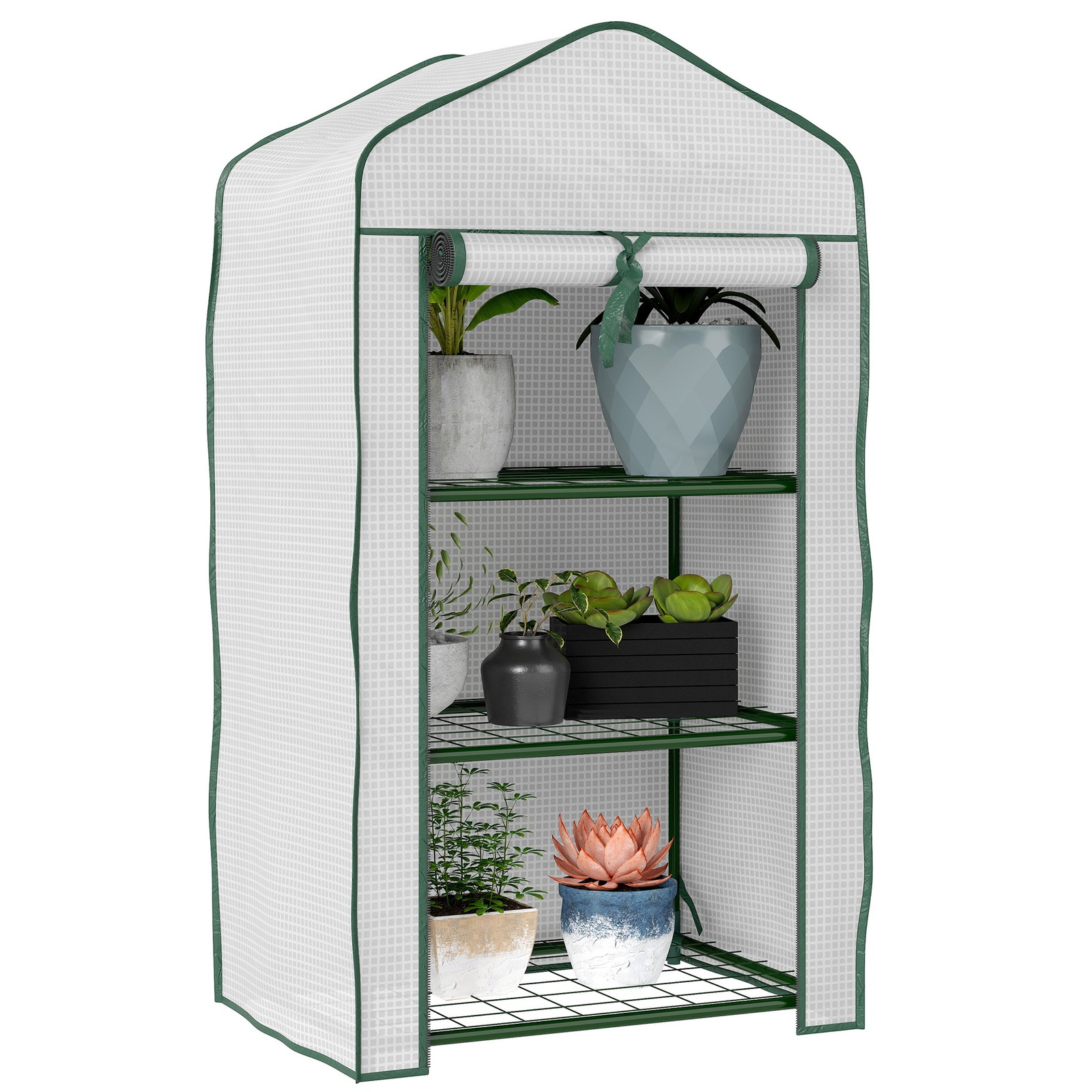 Outsunny Portable Mini Greenhouse with Roll-up Door and Wire Shelves, White