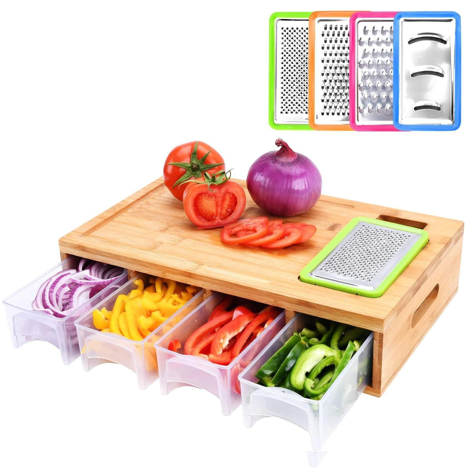 Large Bamboo Wood Chopping Board with 4 BPA Free Plastic Drawers Cutting Boards