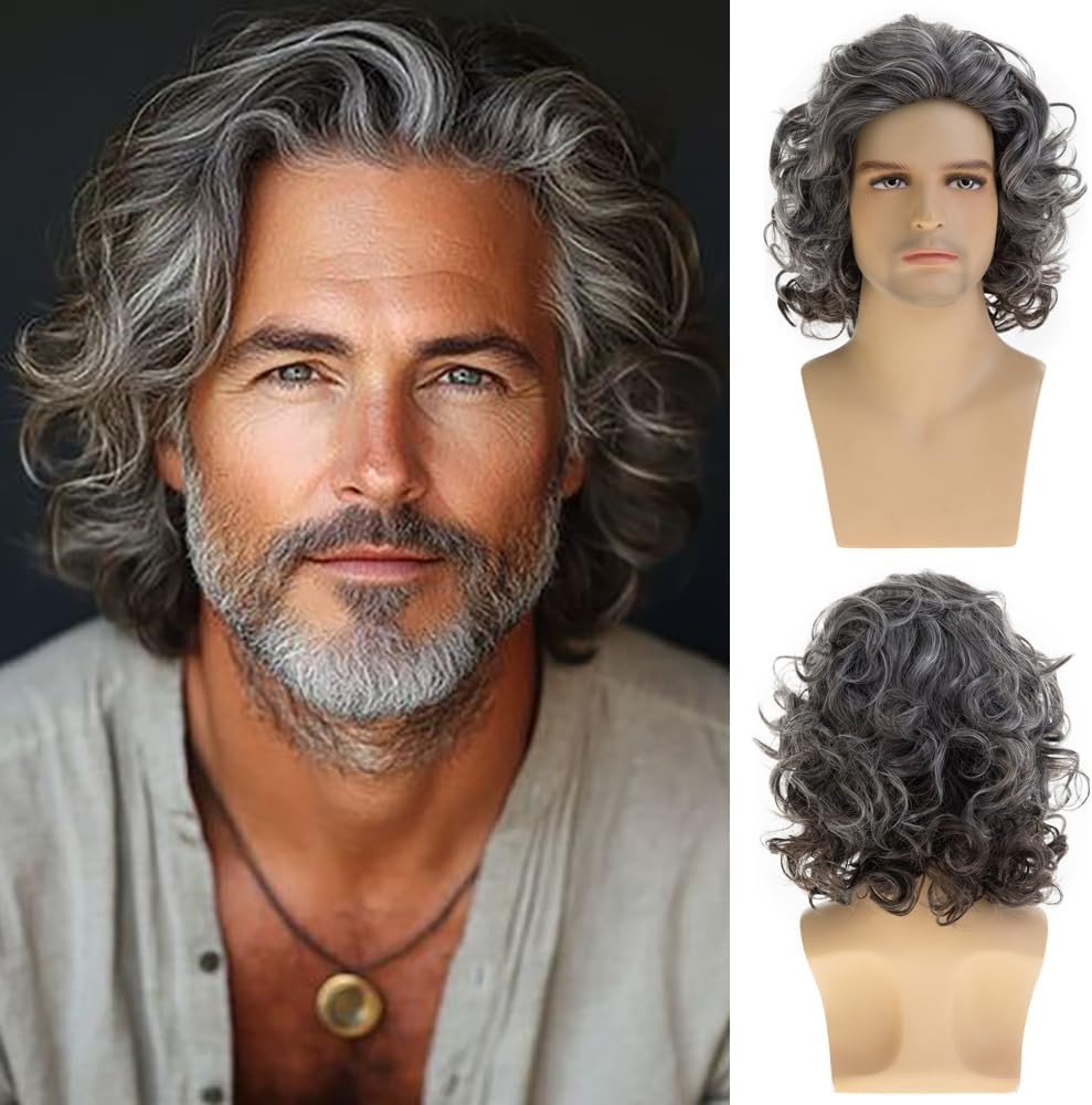 Mens Short Curly Wavy Wig Mixed Grey Fluffy Cosplay Costume Hair