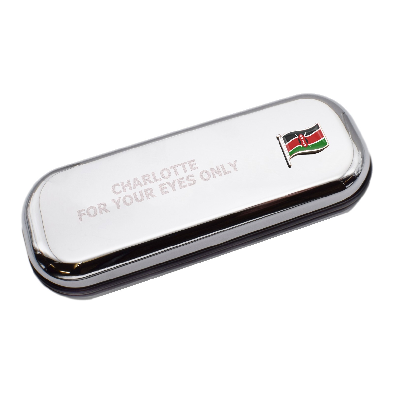 Kenya Wave Flag & Engraved With Message Chromed Glasses Case Box