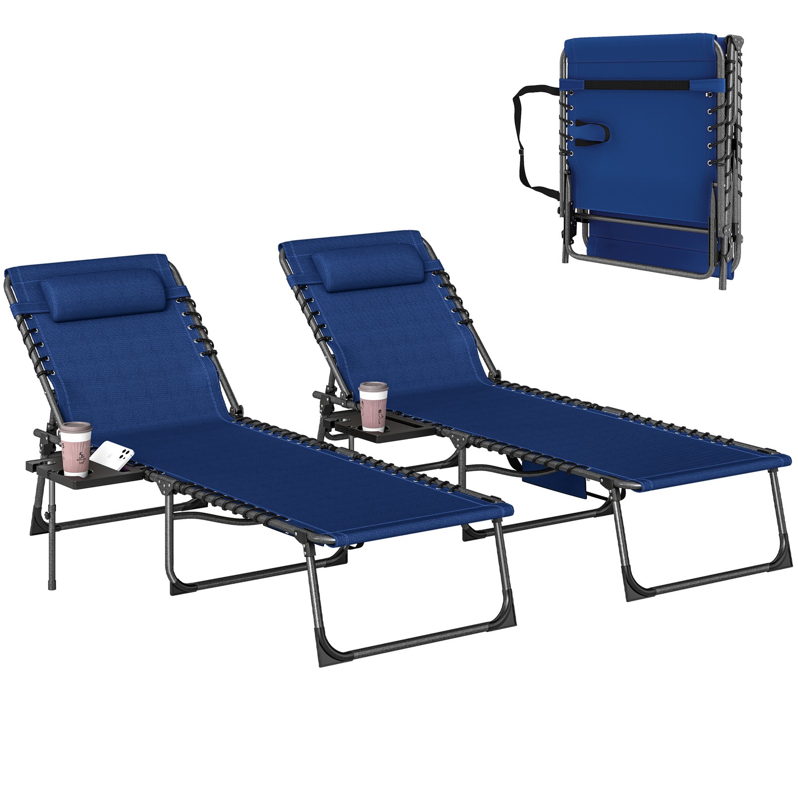 Outsunny Folding Sun Loungers with 5-Level Back, Cup Holder, Dark Blue
