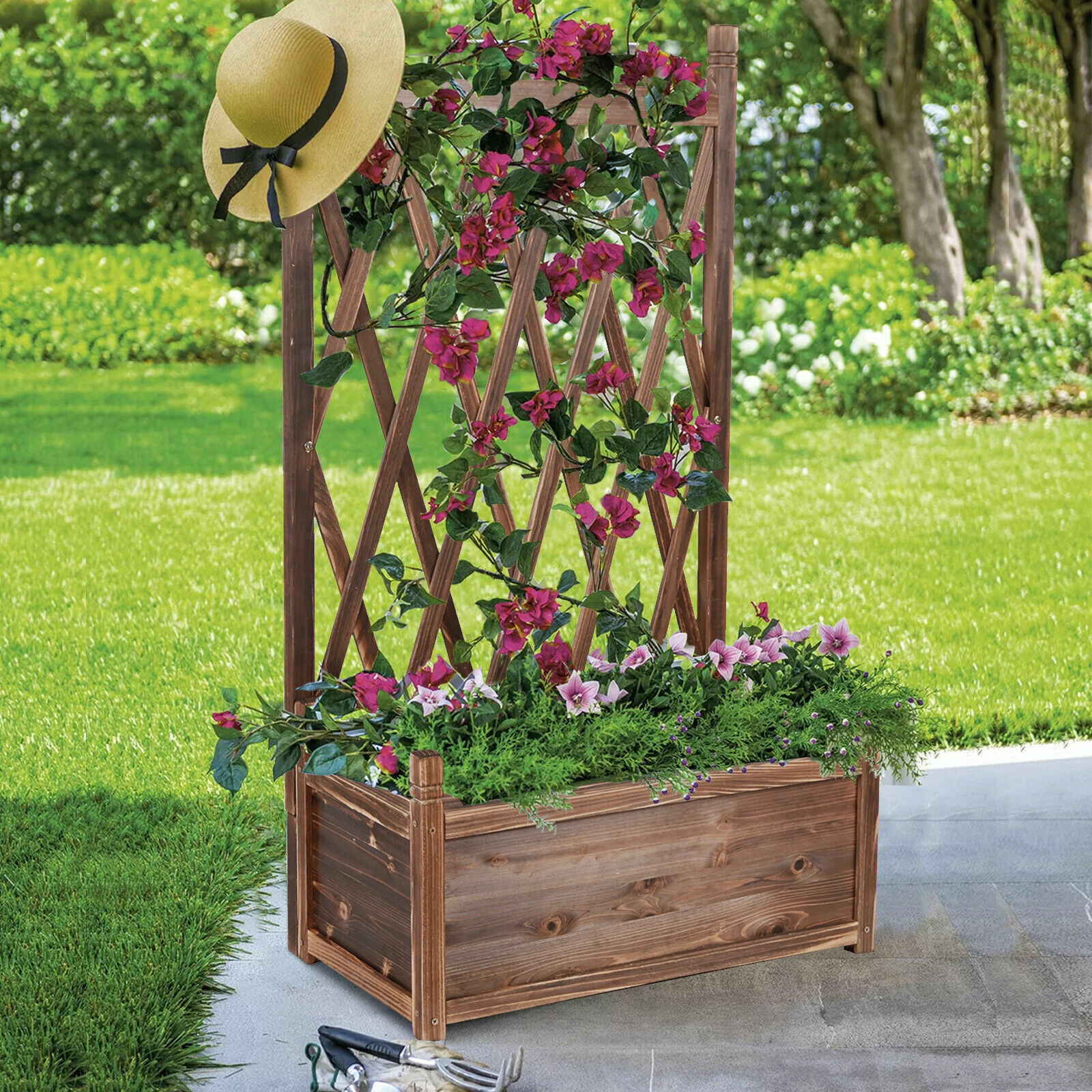 Indoor Outdoor Wooden Raised Bed Tall Planter Box with Generous Hanging Trellis