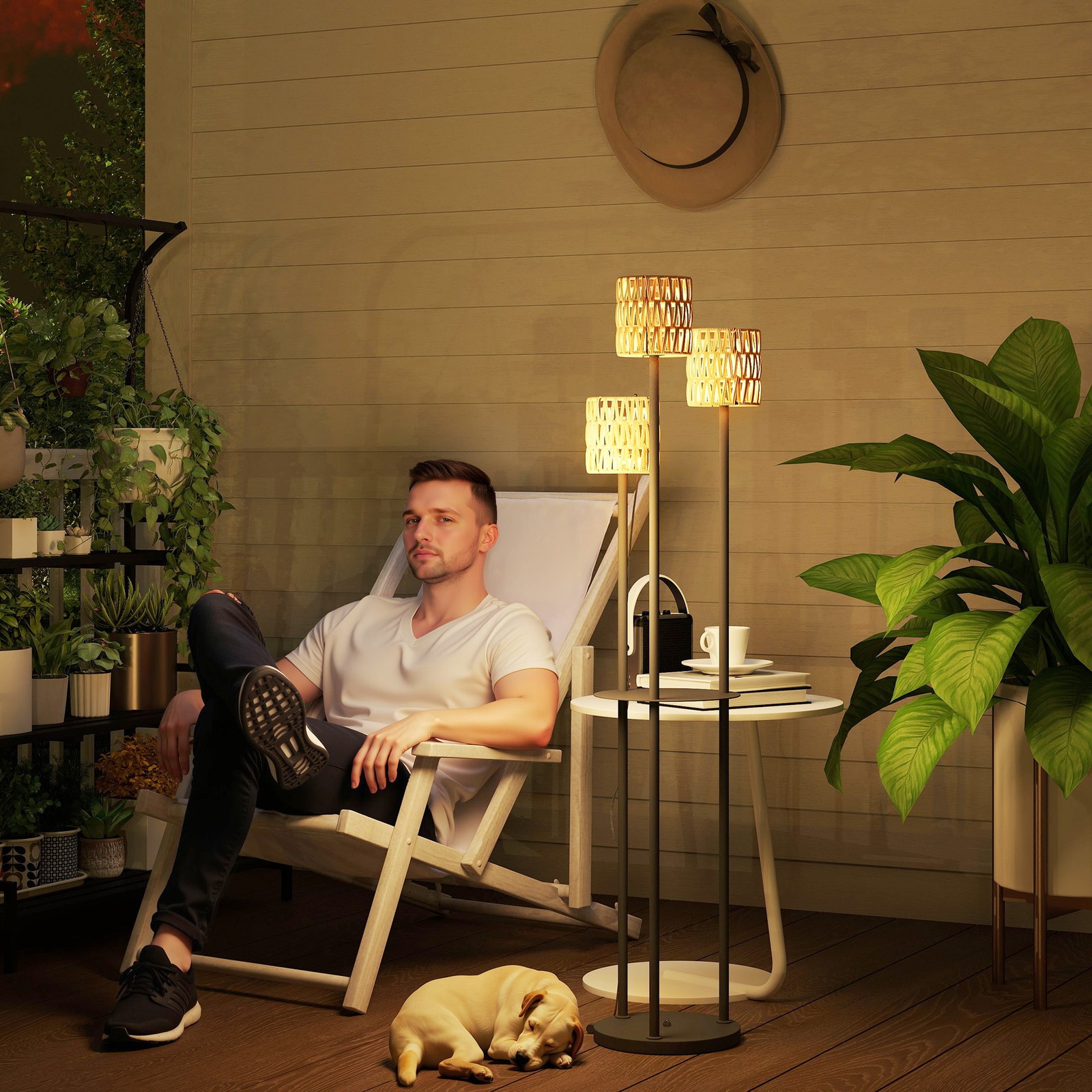 3-Light Solar Rattan Floor Lamp with Shelf, Auto On/Off Garden Light, Yellow