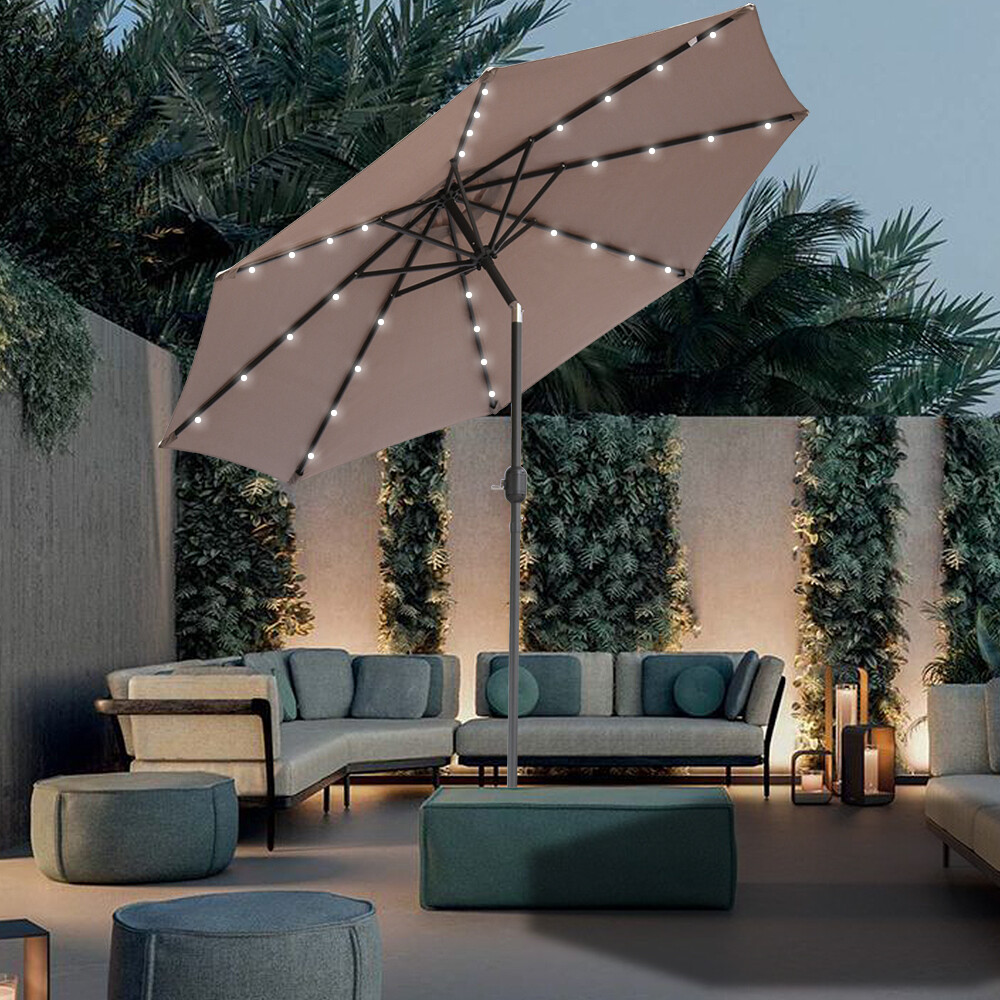 2.7M Solar LED Parasol Garden Patio Tilt Crank Sun Shade Round Umbrella Taupe