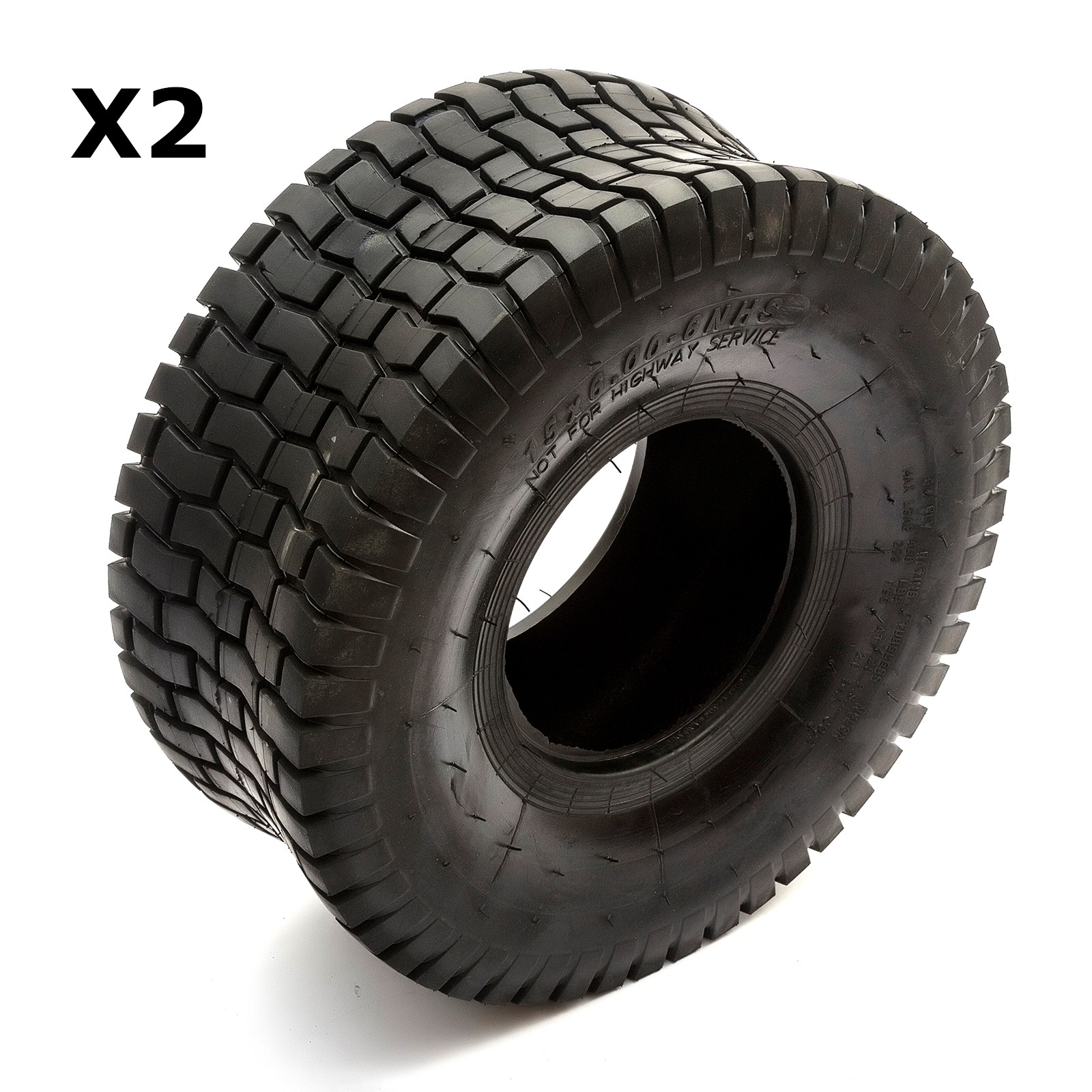 2x Tyre 15x6.00-6 Garden Lawn Tractor 6" Rim Grass Safe Chevron Turf Tread 4PLY