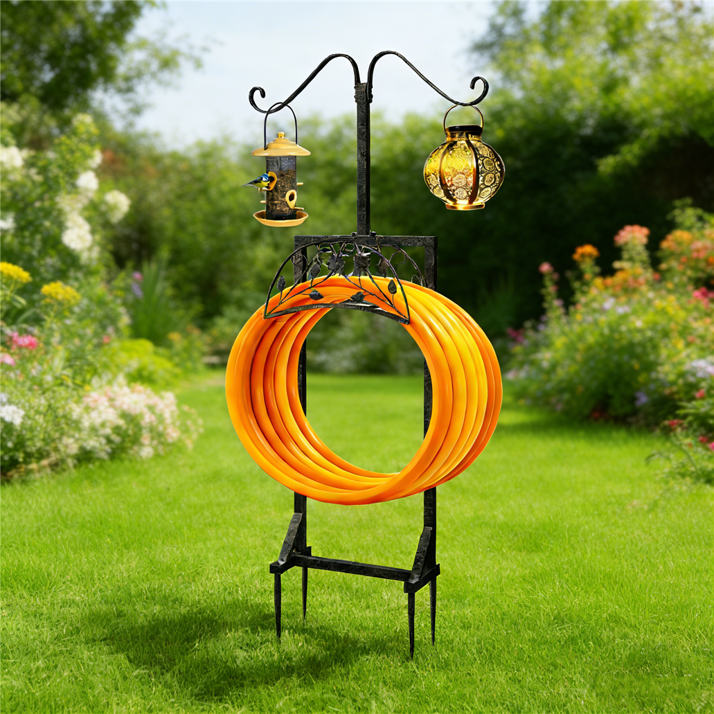 Garden Hose Holder Water Hose Stand Hanger Rack Freestanding w/ Shepherds Hooks