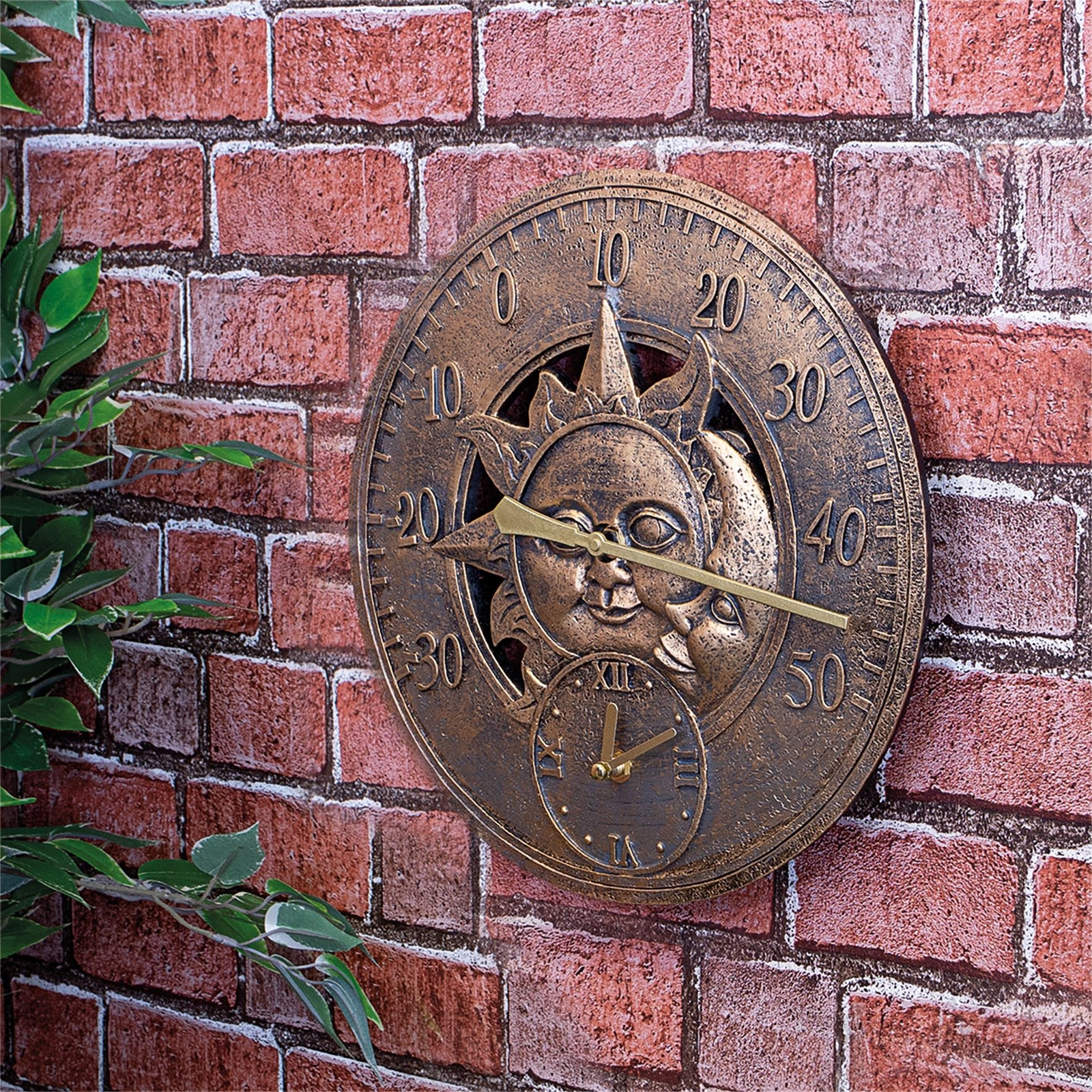 Outdoor Indoor Garden Wall Station Sun & Moon Clock Copper with Thermometer