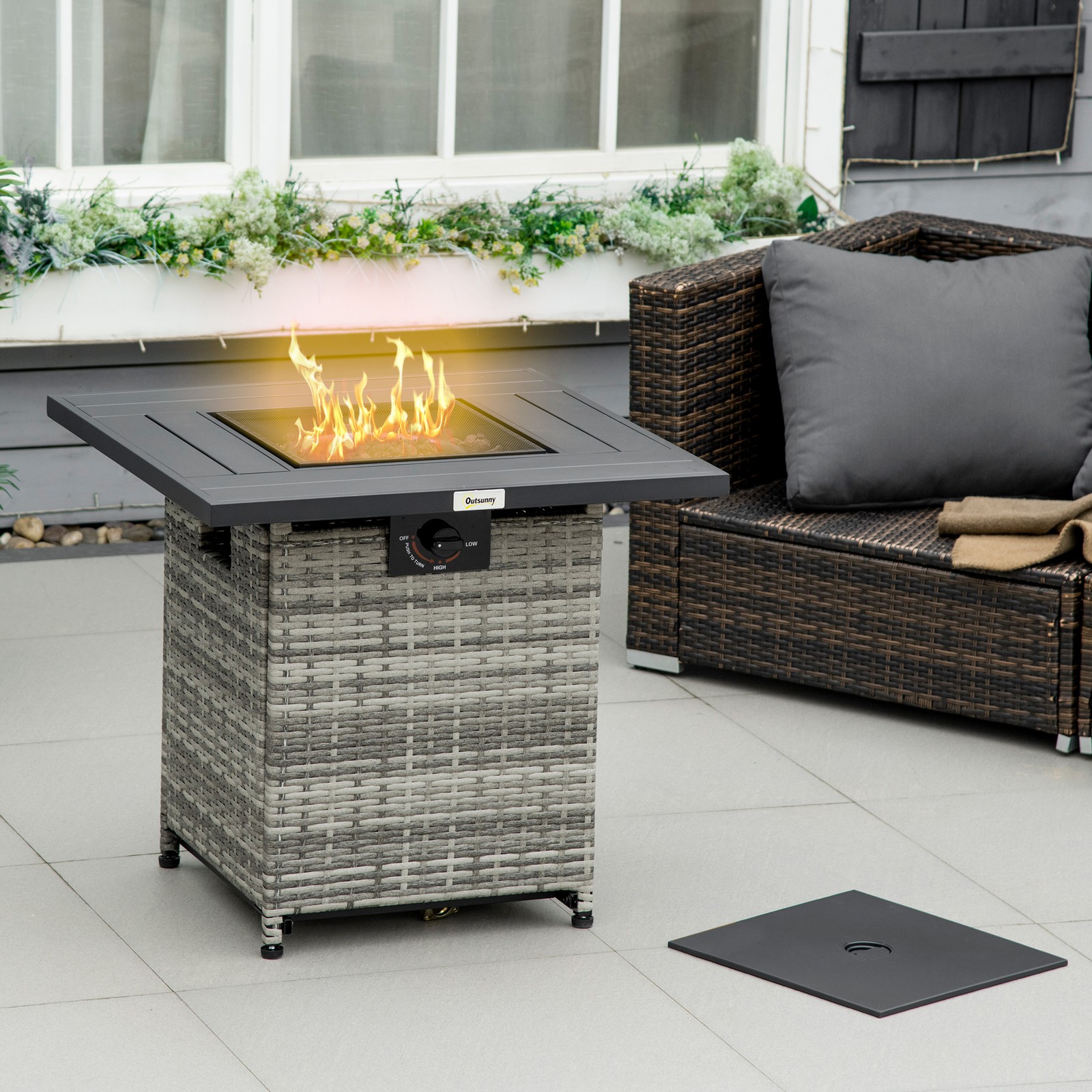Rattan Gas Fire Pit Table w/ Mesh Lid & Rain Cover, Lava Stone, 40,000 BTU
