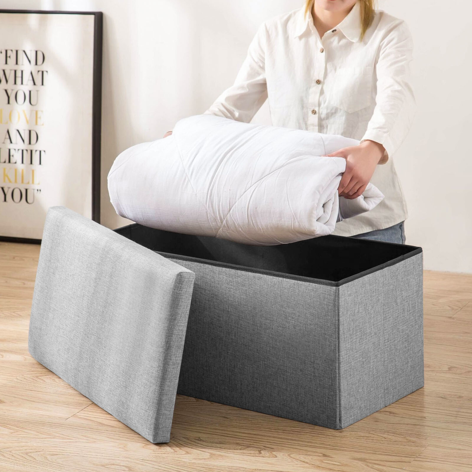 Large Ottoman Storage Seat Stool Trunk Toy Chest Cloth Blanket Box Folding Bench