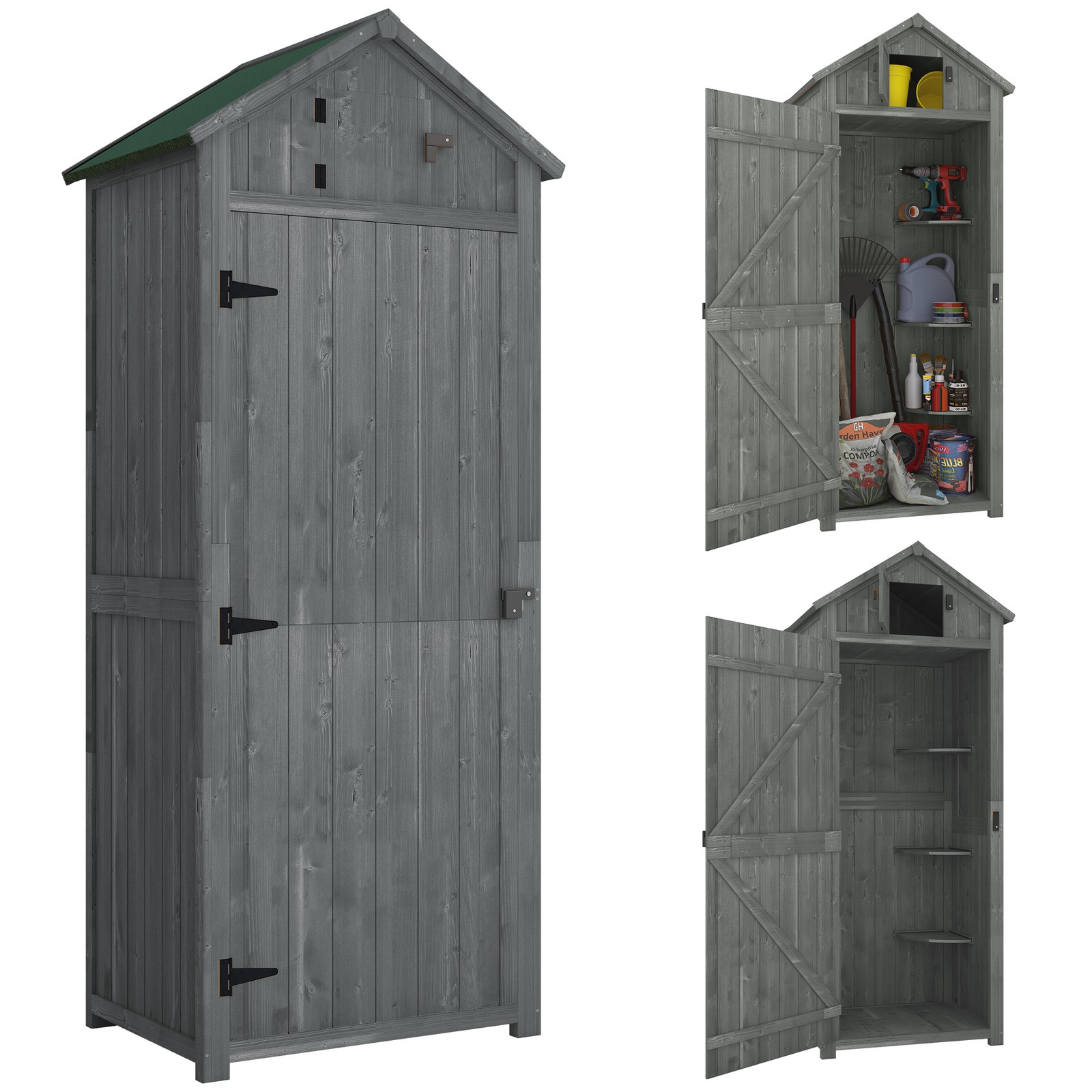 Outsunny Wooden Garden Tool Storage Shed Box, 77x54x179cm Grey, Refurbished