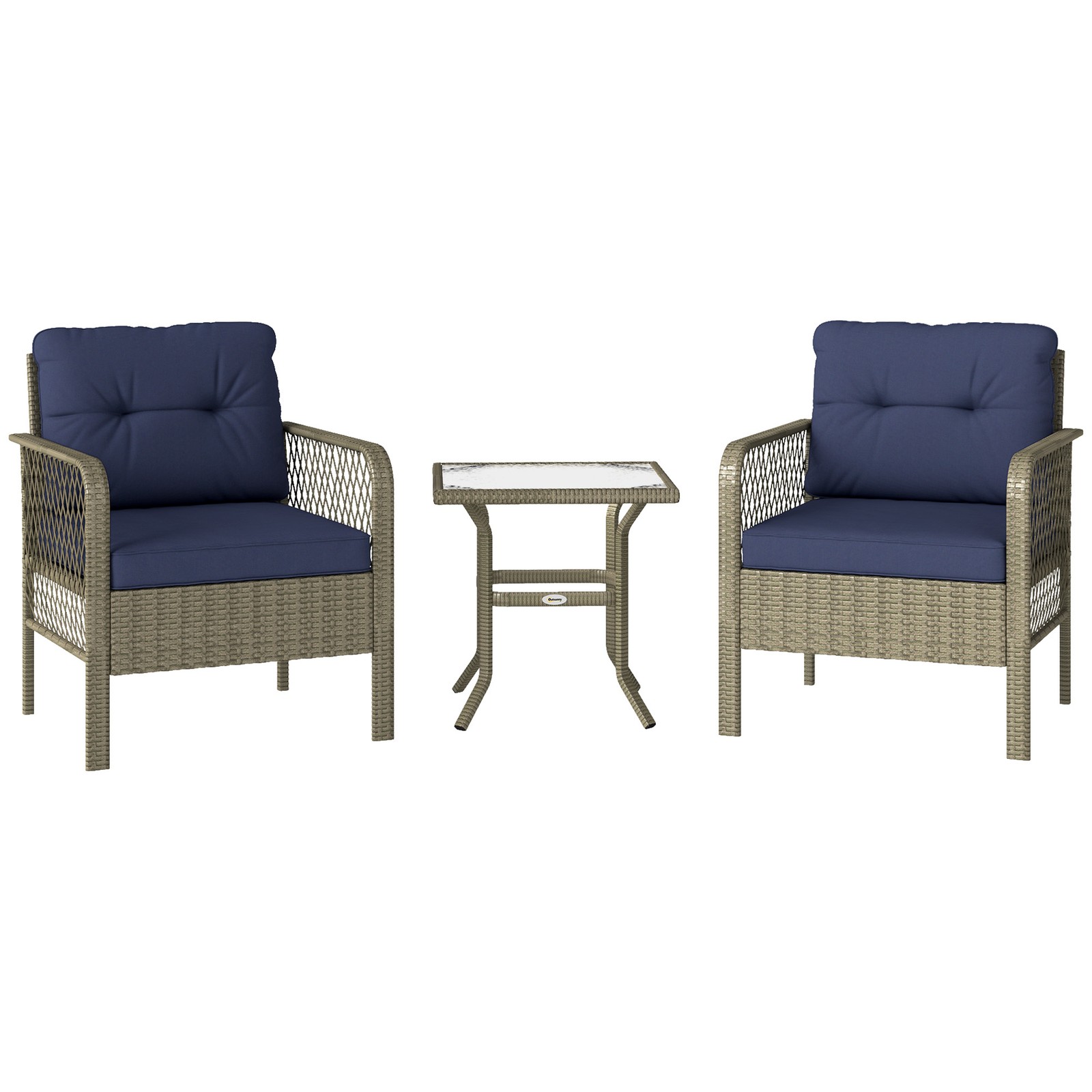 Outsunny 3 Pieces Rattan Bistro Set with Tempered Glass Table Charcoal Grey