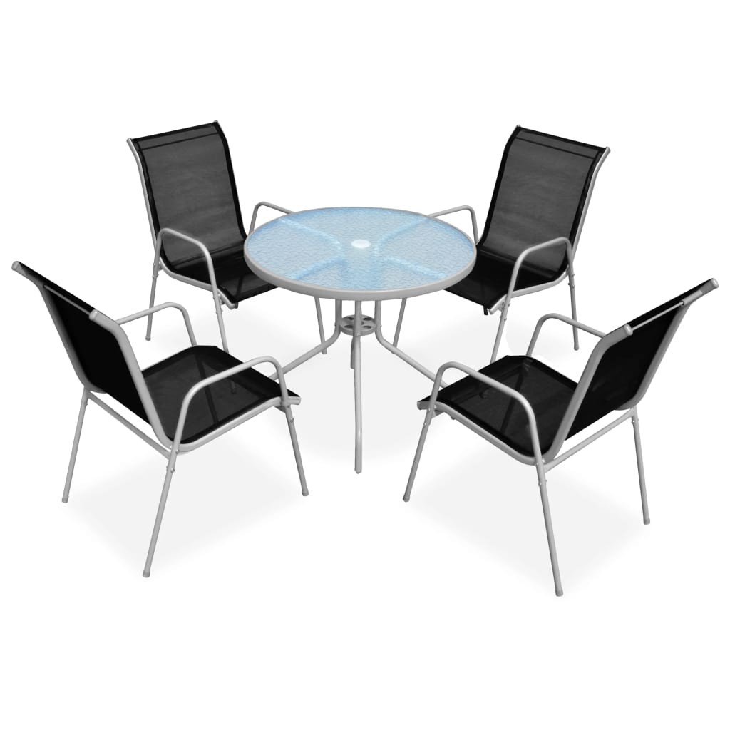 Outdoor Dining Set 5 Piece Grey and Black Garden Table Stackable Chairs vidaXL