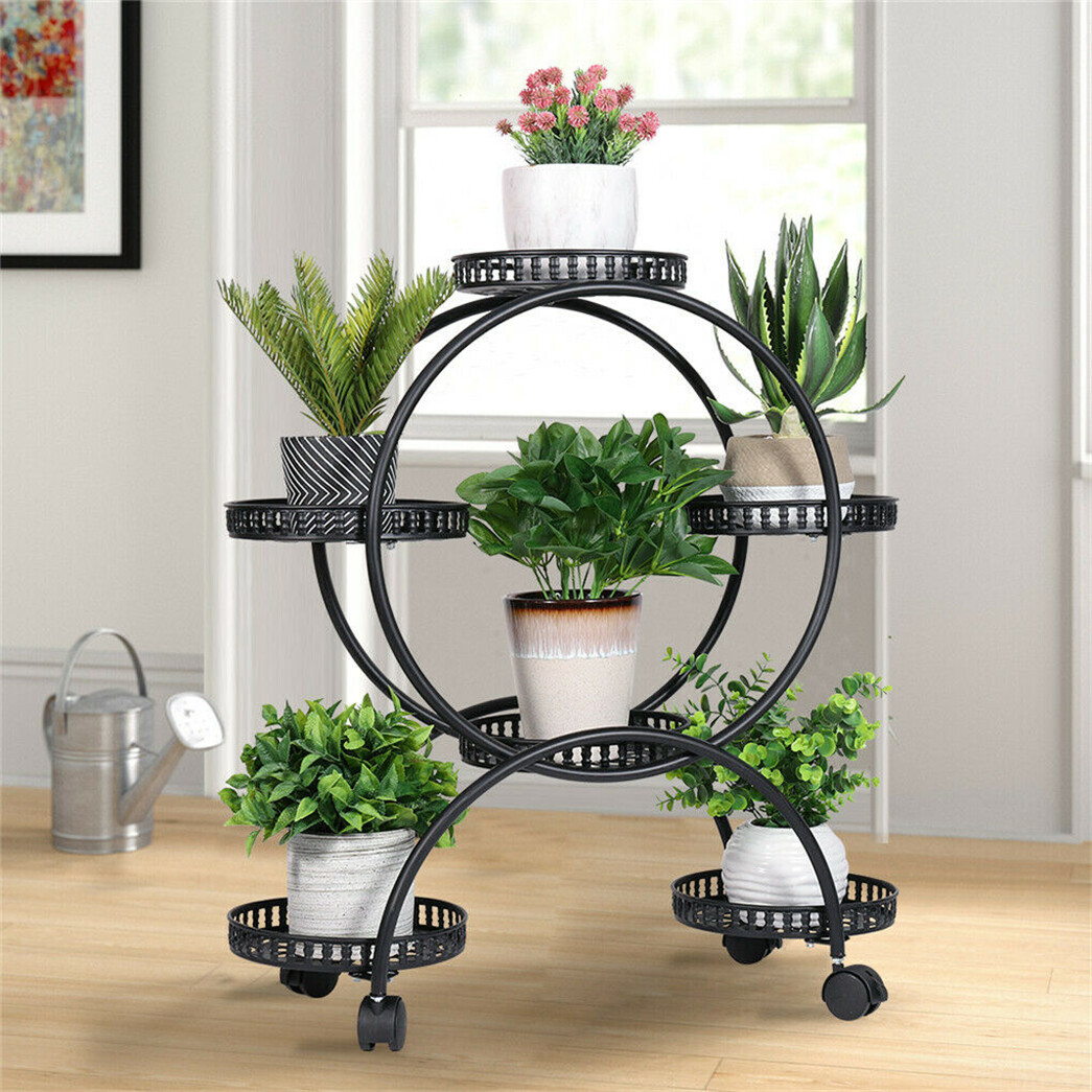 Tall Metal Flower 6 Pots Shelf Stand Plant Holder w/ Wheels Black Indoor Outdoor
