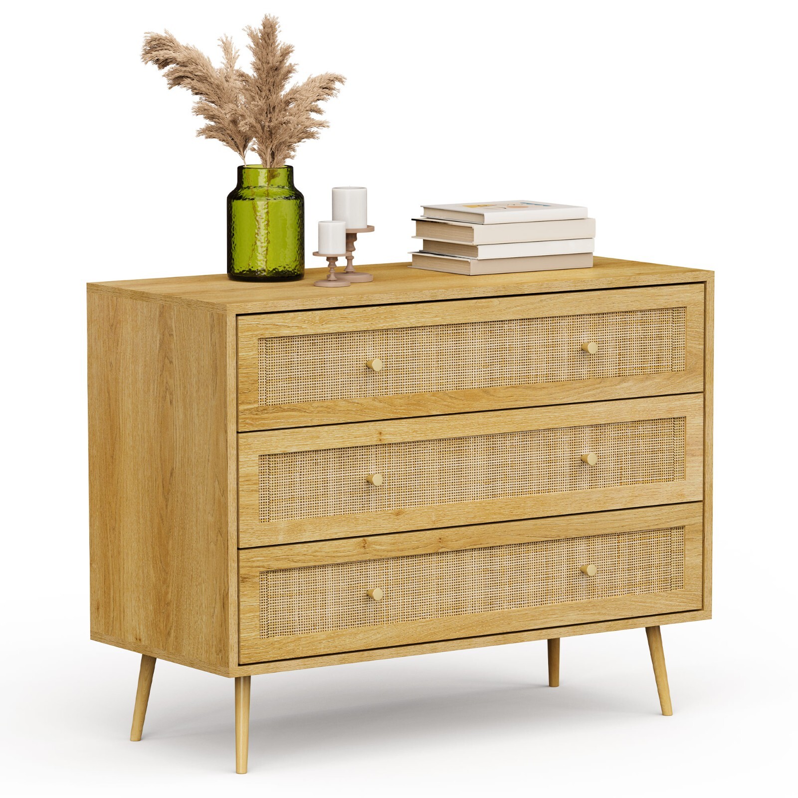 Chest of Drawers with Natural Rattan, Drawer Organiser with 3 Drawers - VonHaus