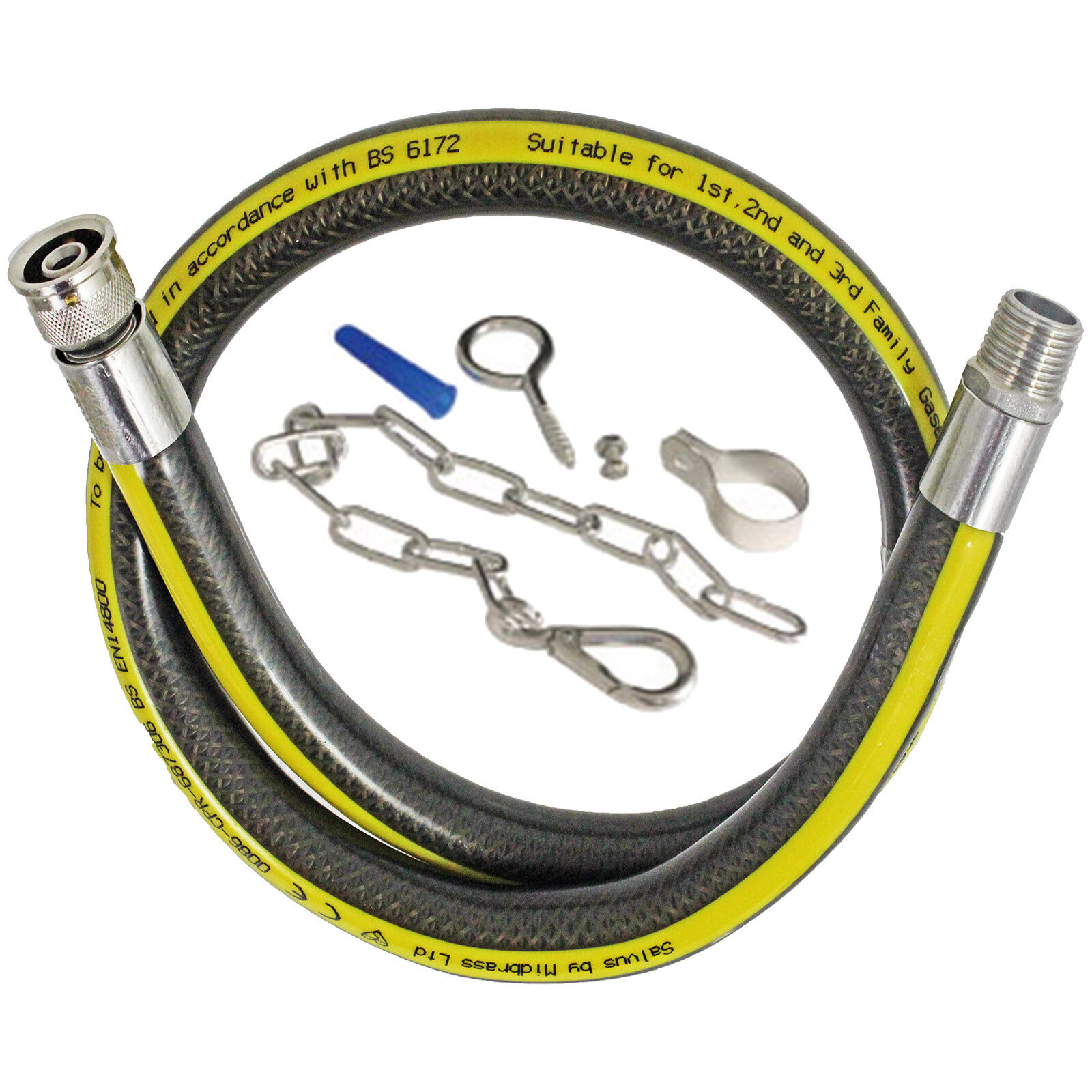 UNIVERSAL Oven Cooker Gas Hose Bayonet + Safety Chain LPG 3ft x 1/2